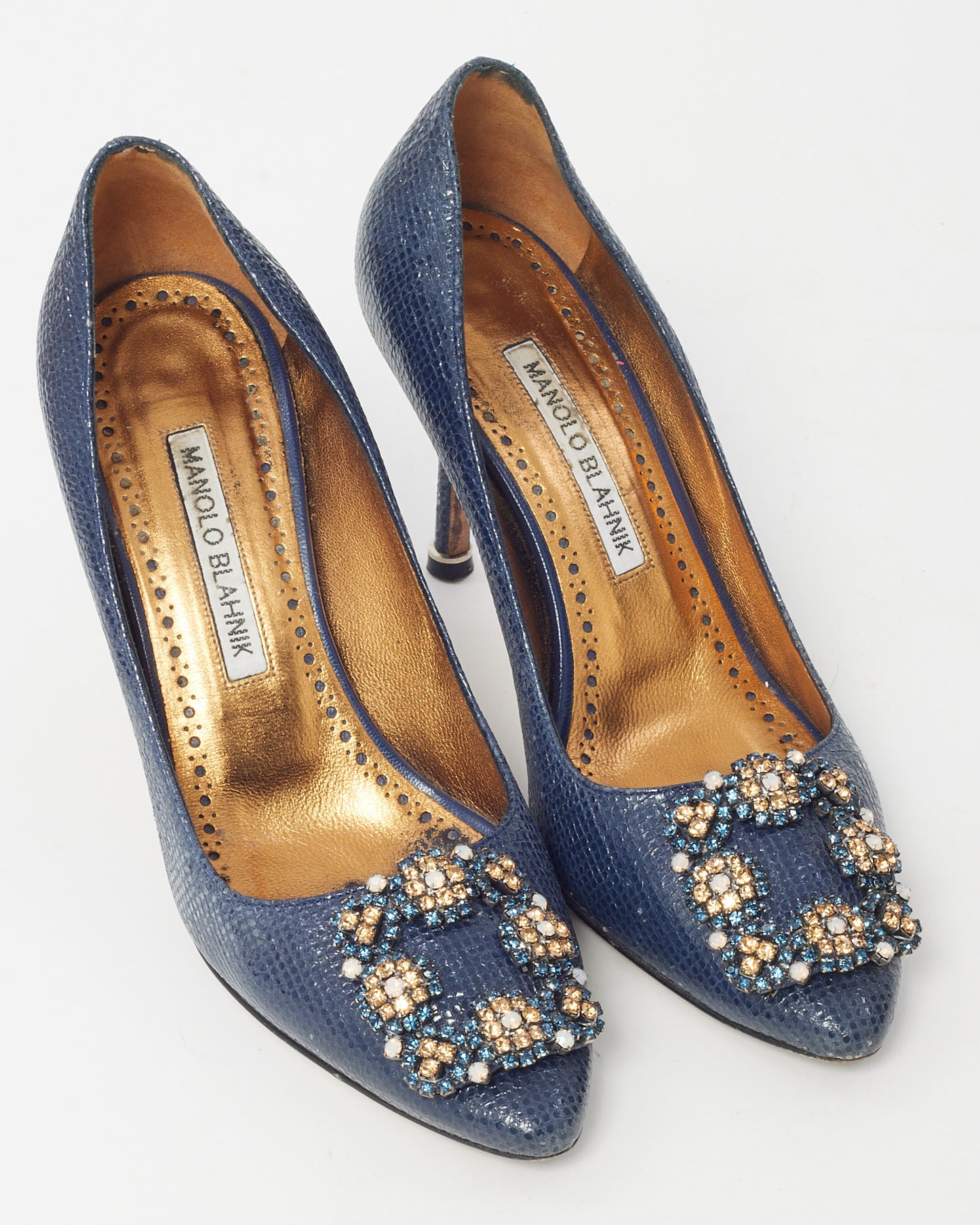 Manolo Blahnik Shiny Blue Coated Leather Jewel Buckle Hangisi 70 Pumps - 35.5