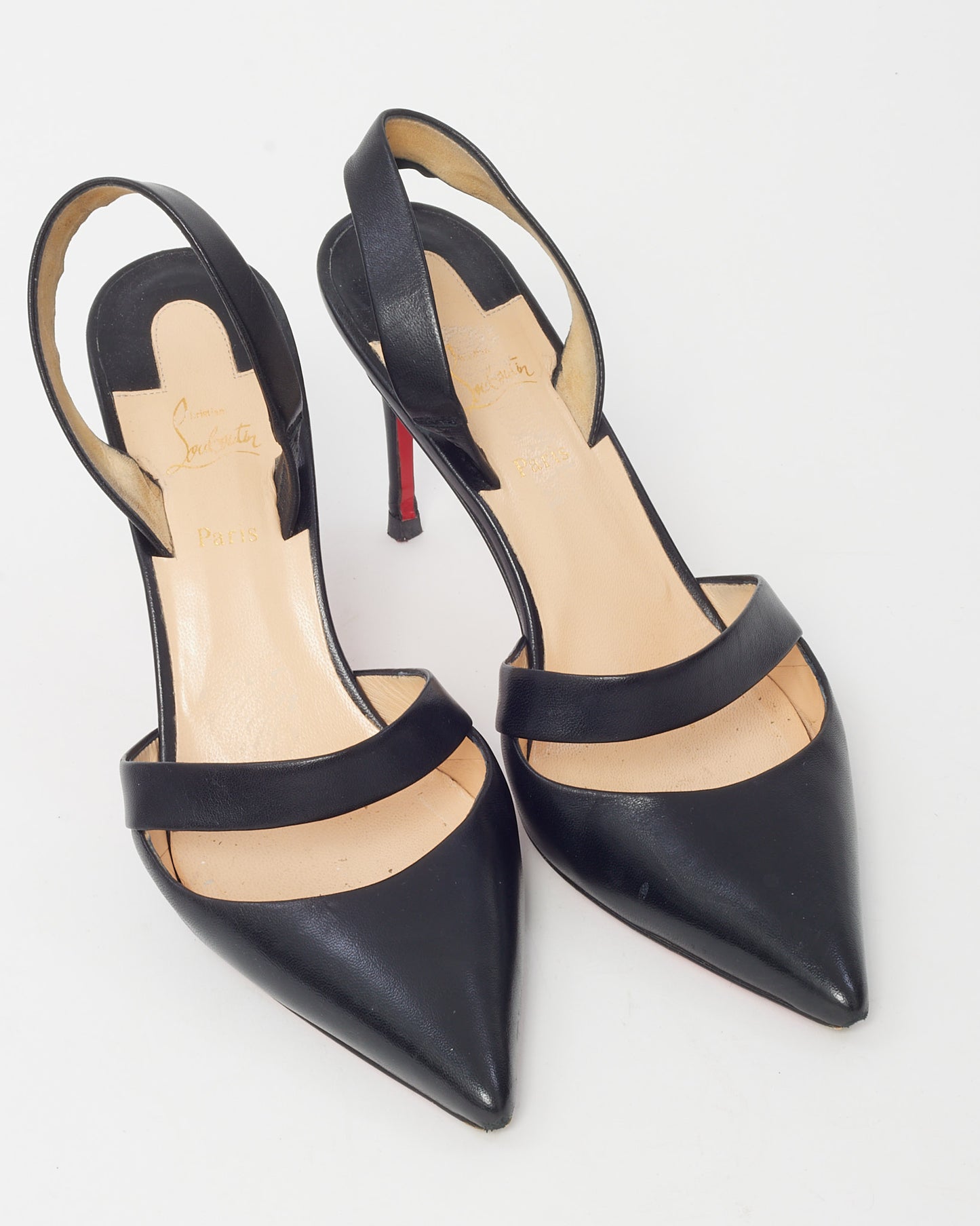 Christian Louboutin Black Leather Actina 85mm Pointed Toe Slingback Pumps - 37.5