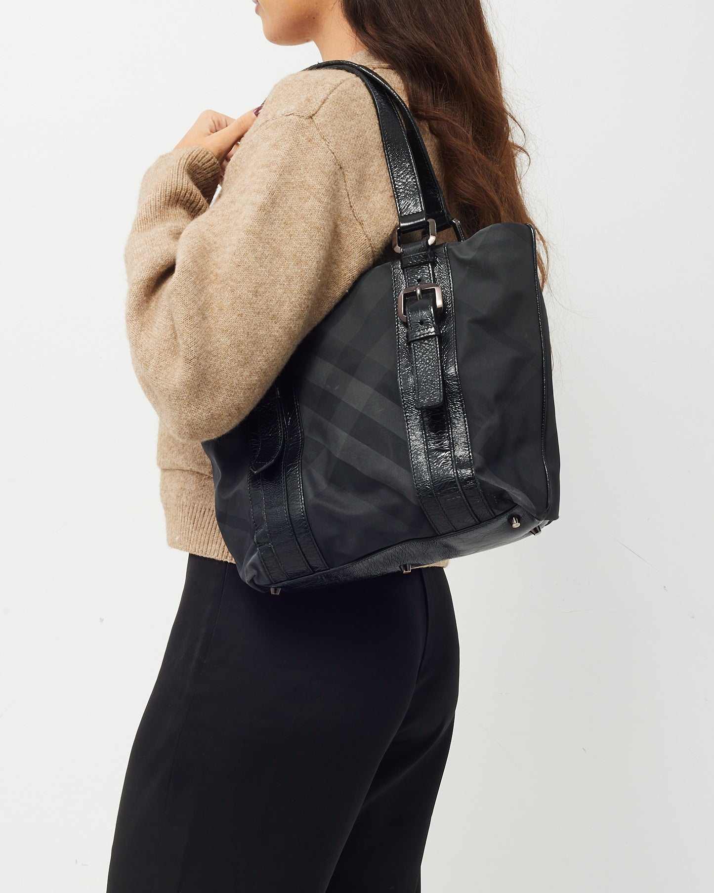 Burberry Black Patent Trim and Nylon Smoke Check Tote Bag