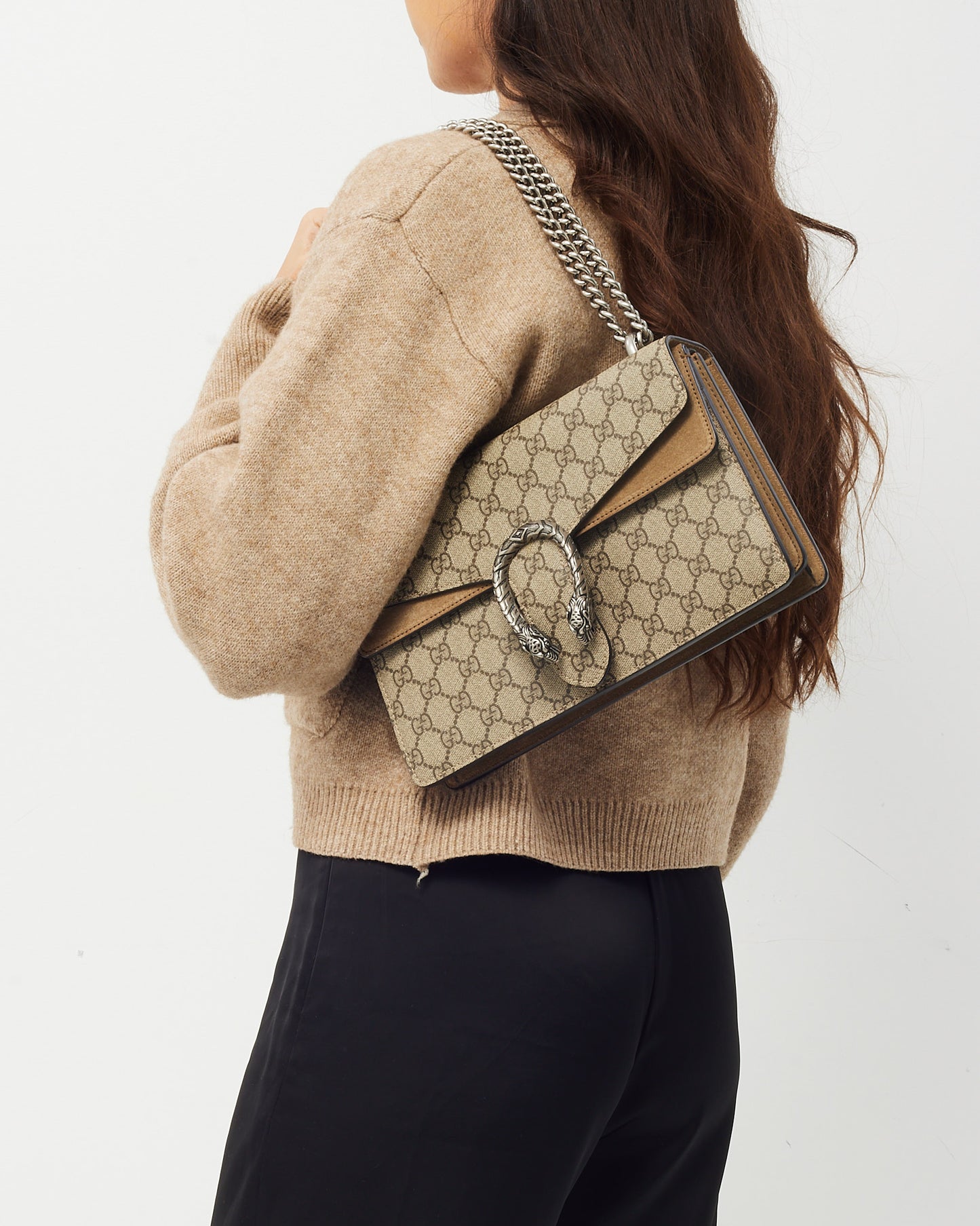 Gucci Beige Suede and GG Monogram Supreme Canvas Small Dionysus Shoulder Bag