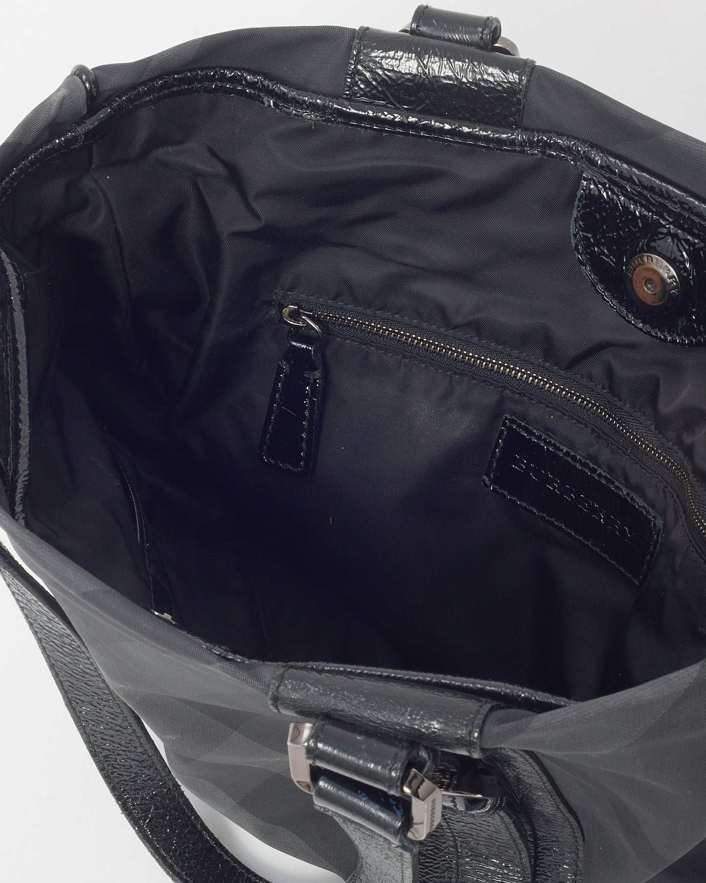 Burberry Black Patent Trim and Nylon Smoke Check Tote Bag