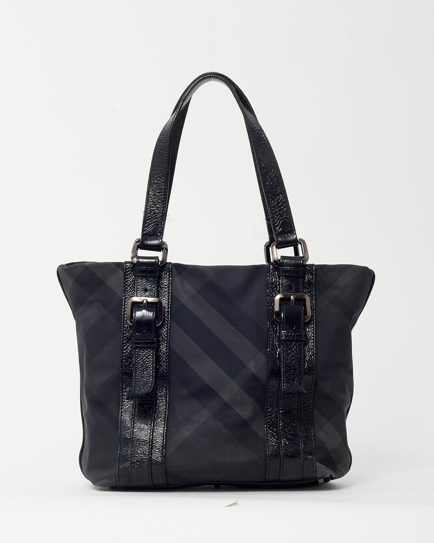 Burberry Black Patent Trim and Nylon Smoke Check Tote Bag