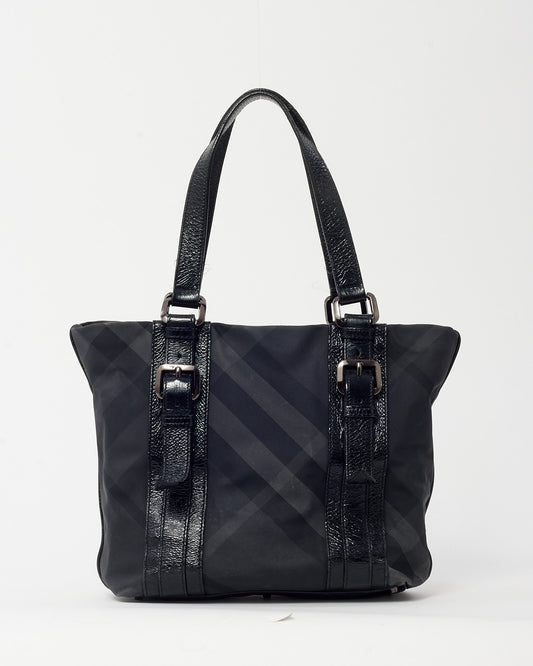Burberry Black Patent Trim and Nylon Smoke Check Tote Bag