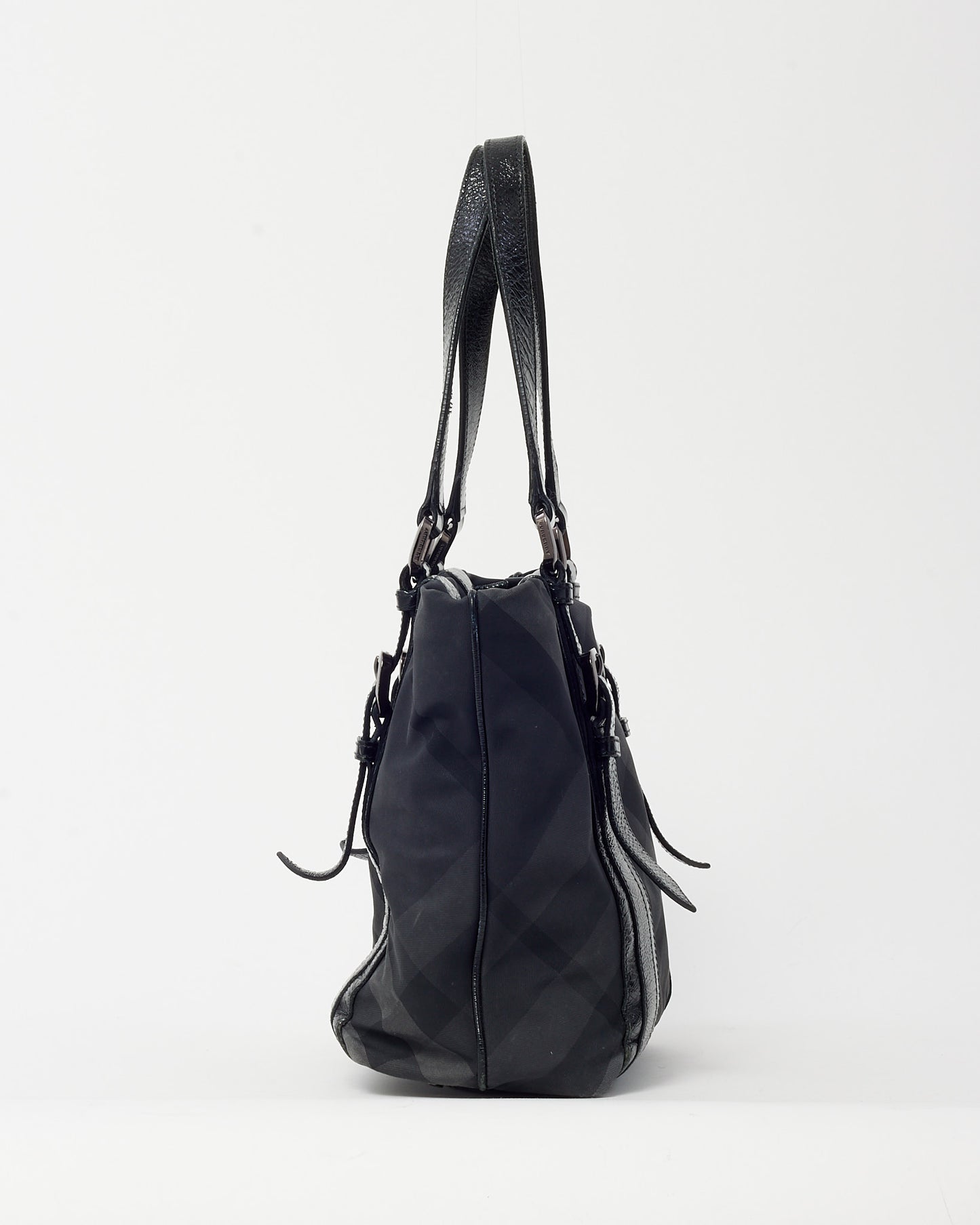 Burberry Black Patent Trim and Nylon Smoke Check Tote Bag