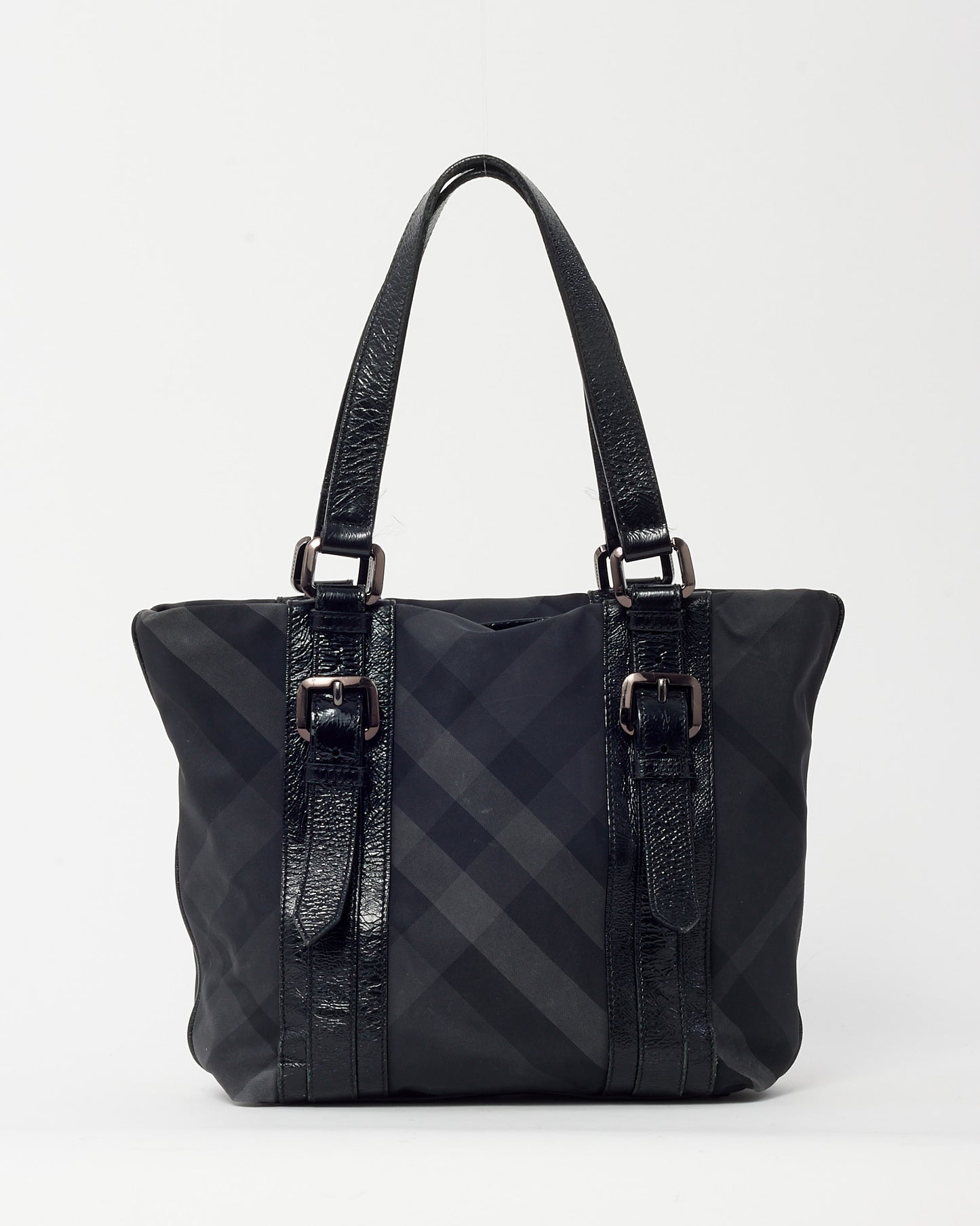 Burberry Black Patent Trim and Nylon Smoke Check Tote Bag