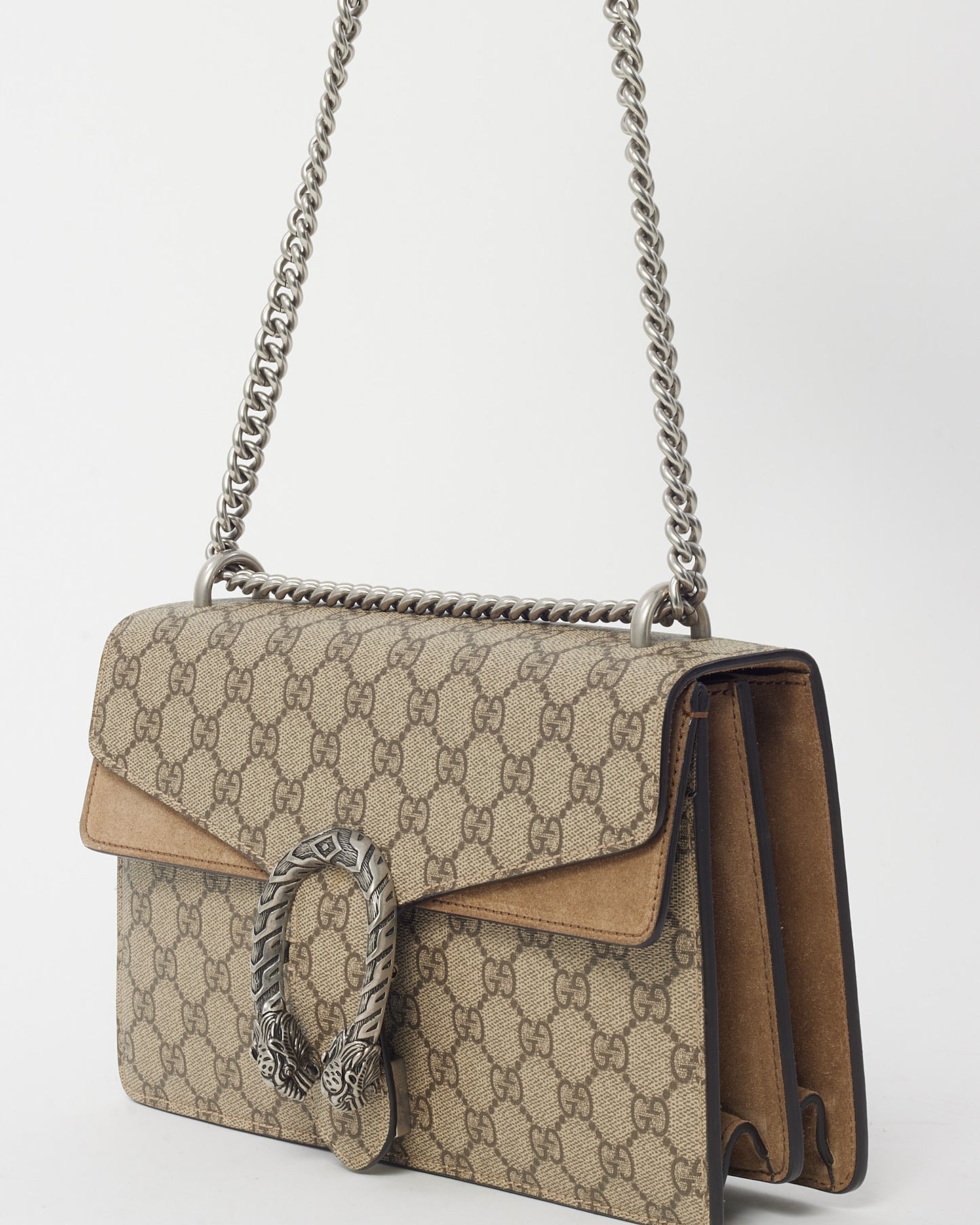 Gucci Beige Suede and GG Monogram Supreme Canvas Small Dionysus Shoulder Bag