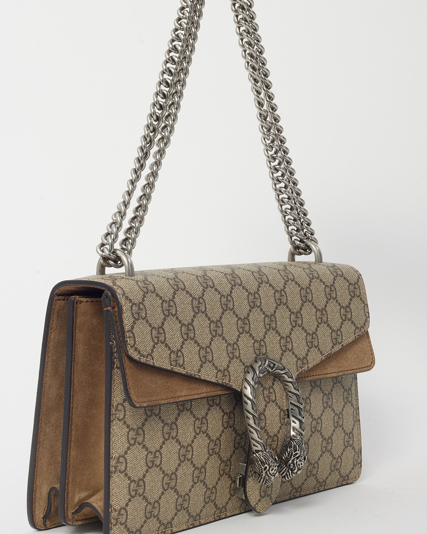Gucci Beige Suede and GG Monogram Supreme Canvas Small Dionysus Shoulder Bag