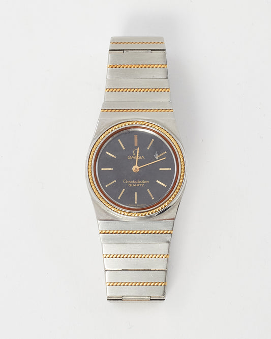 Omega Vintage Stainless Steel, Black Face, Gold Bezel Constellation 28mm Watch