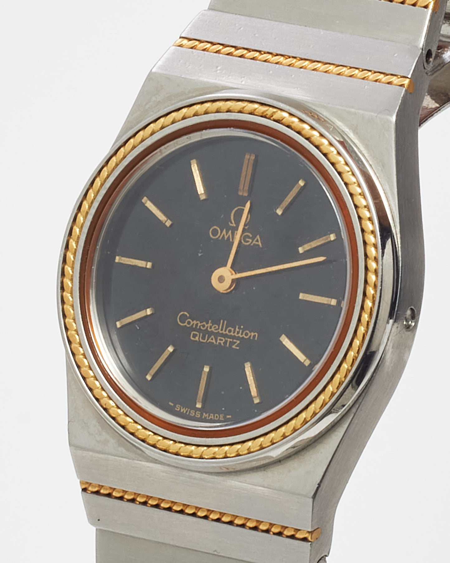 Omega Vintage Stainless Steel, Black Face, Gold Bezel Constellation 28mm Watch