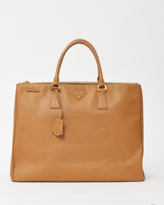 Prada Tan Caramel Saffiano Leather Large Double Zip Galleria Tote Bag