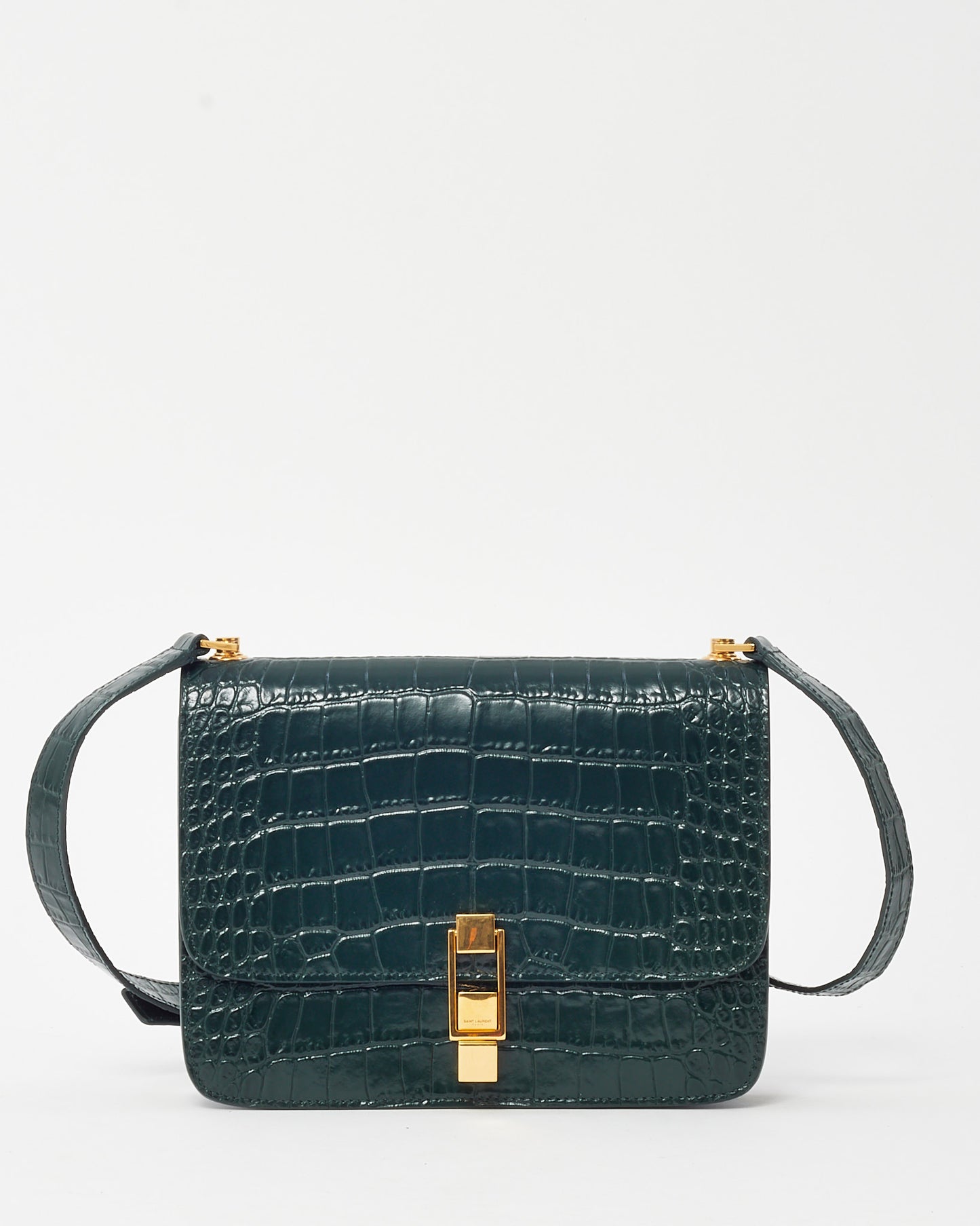 Saint Laurent Green Croc Embossed Shiny Leather Carre Satchel Shoulder Bag