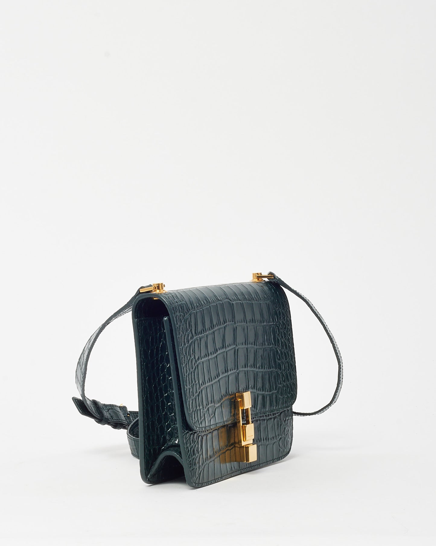 Saint Laurent Green Croc Embossed Shiny Leather Carre Satchel Shoulder Bag