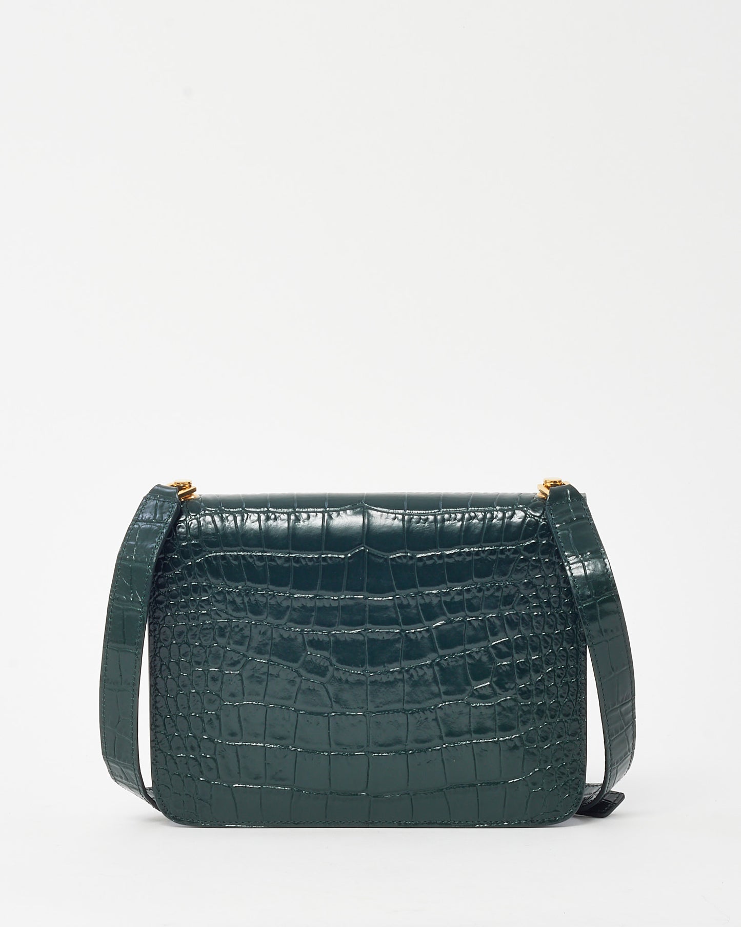 Saint Laurent Green Croc Embossed Shiny Leather Carre Satchel Shoulder Bag
