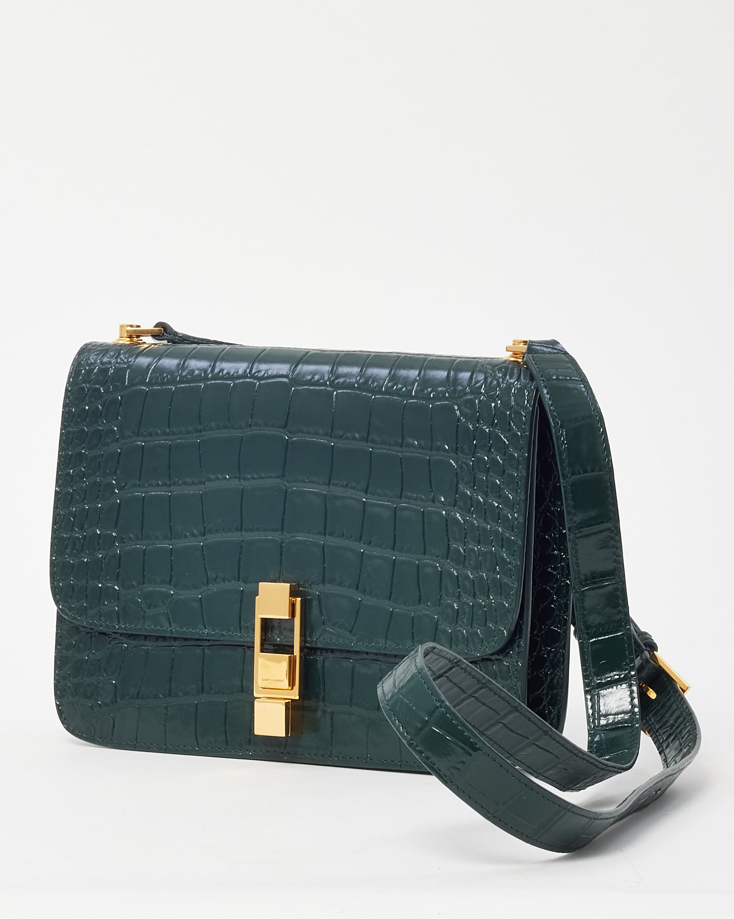 Saint Laurent Green Croc Embossed Shiny Leather Carre Satchel Shoulder Bag