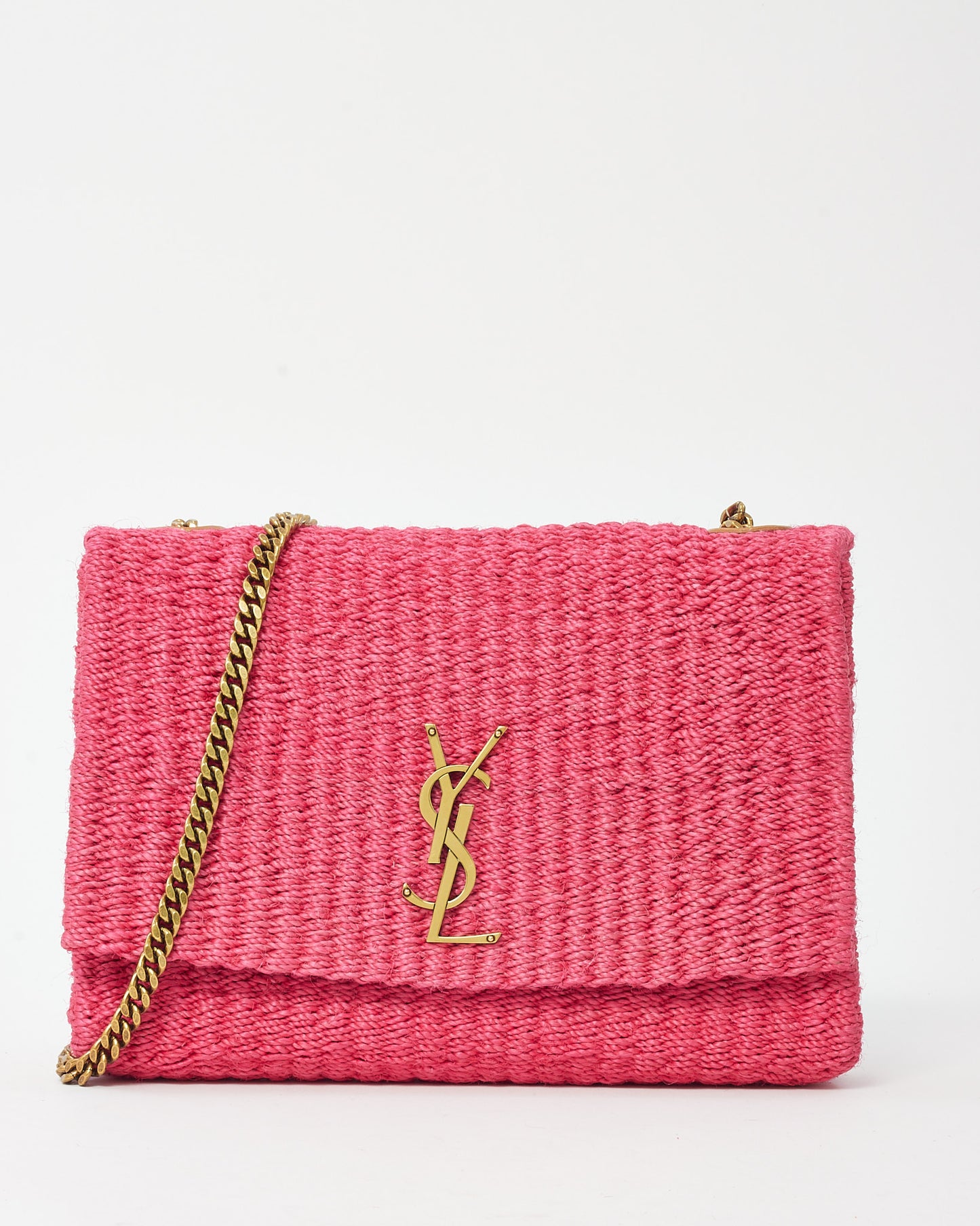 Saint Laurent Pink Raffia GHW YSL Kate Chain Shoulder Bag