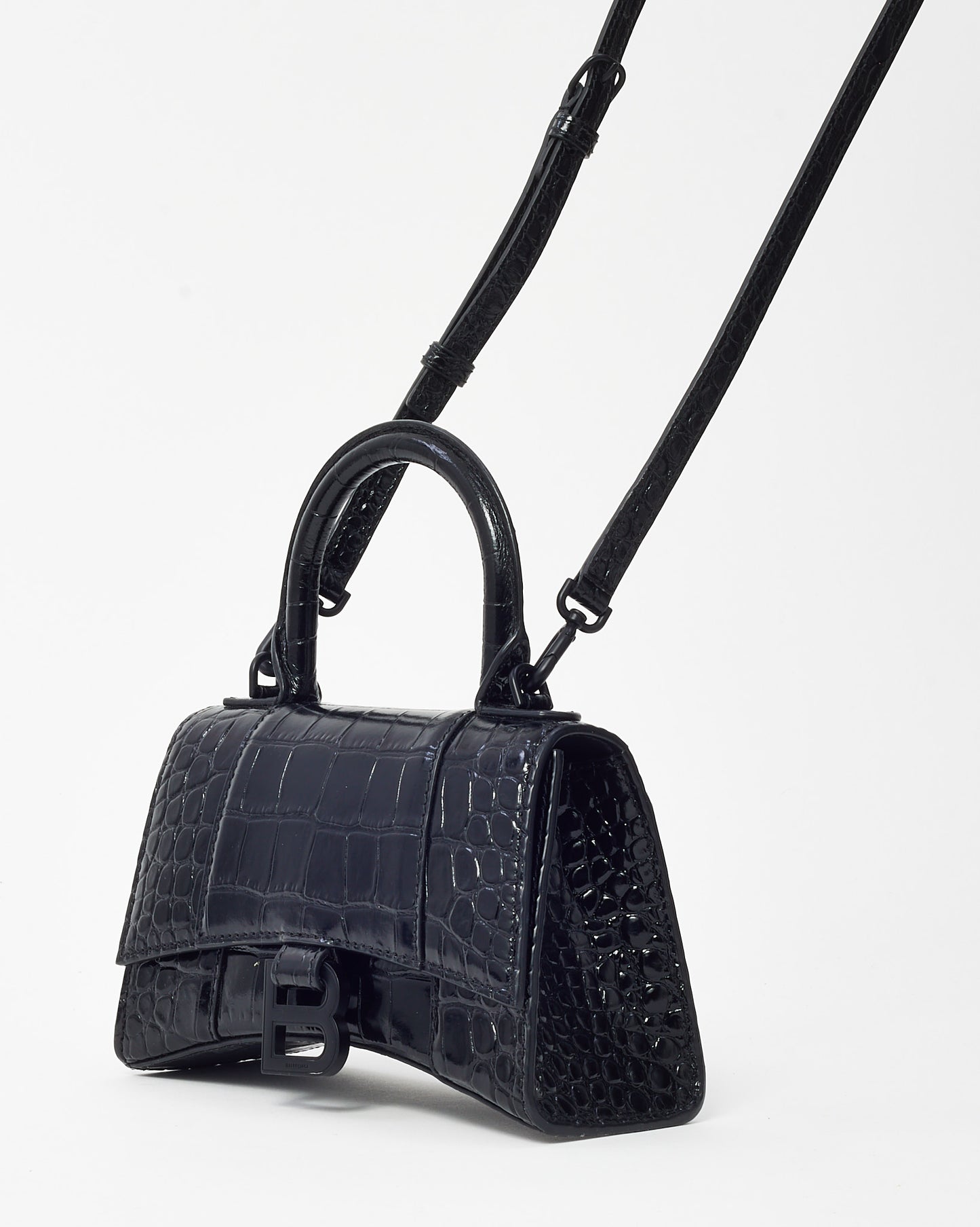 Balenciaga Black Shiny Croc Embossed Leather Hourglass XS Handbag