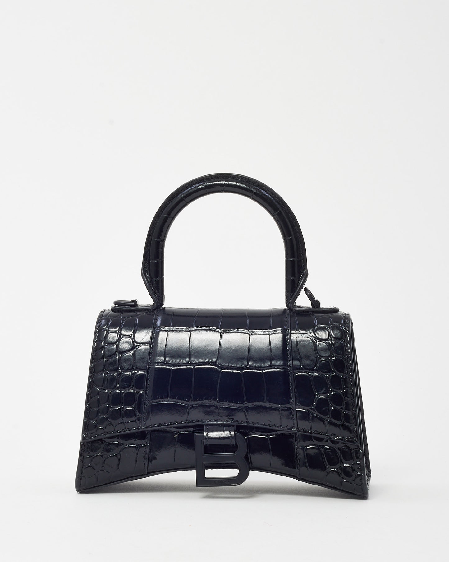 Balenciaga Black Shiny Croc Embossed Leather Hourglass XS Handbag