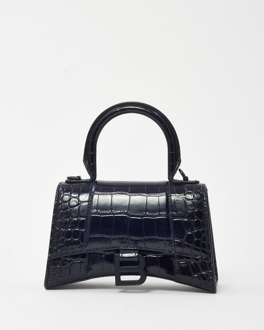 Balenciaga Black Shiny Croc Embossed Leather Hourglass XS Handbag