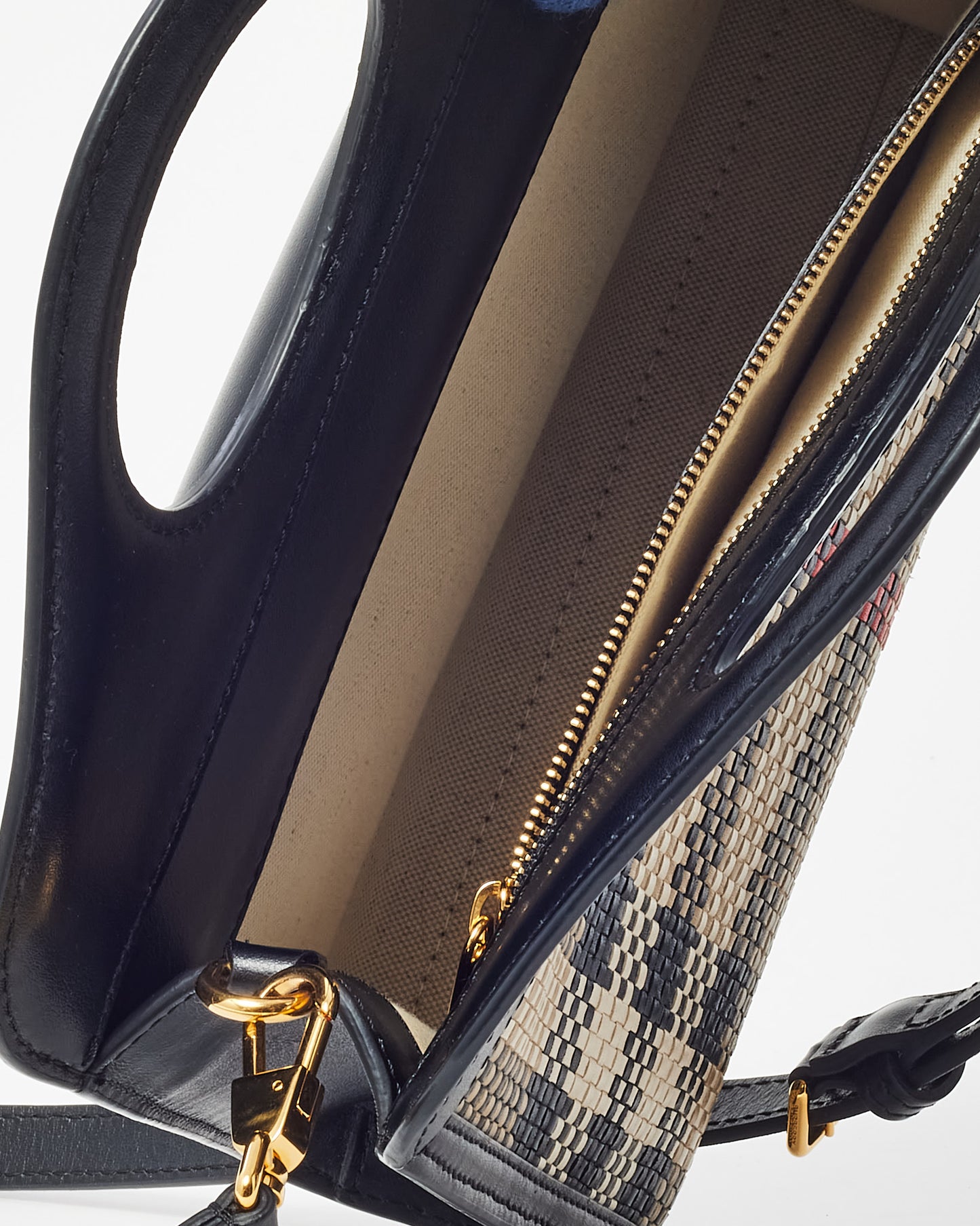 Burberry Black Leather and Beige House Check Woven Canvas Mini Pocket Crossbody Bag