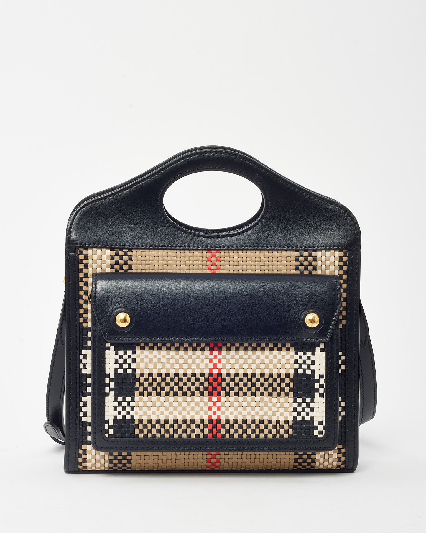 Burberry Black Leather and Beige House Check Woven Canvas Mini Pocket Crossbody Bag