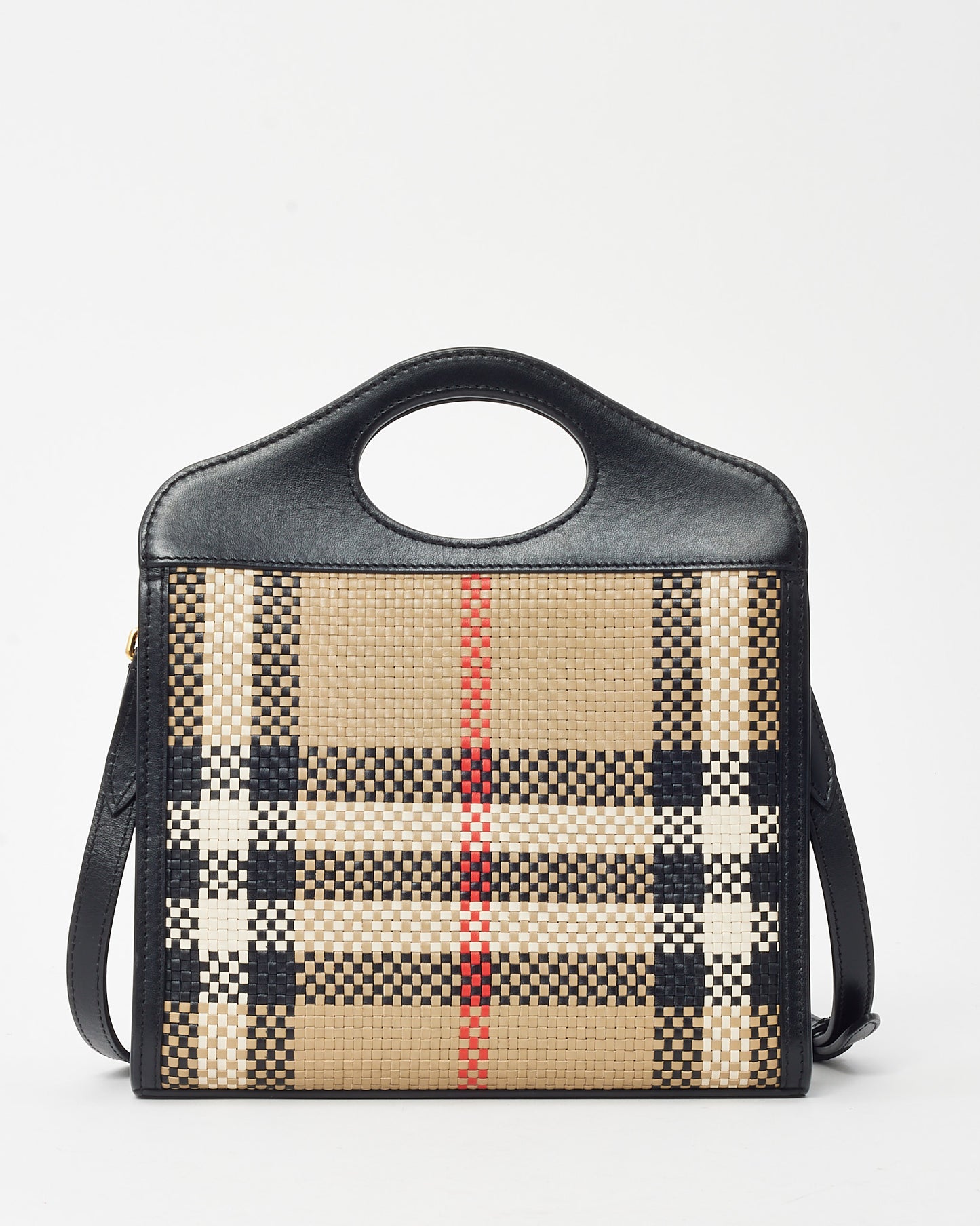 Burberry Black Leather and Beige House Check Woven Canvas Mini Pocket Crossbody Bag