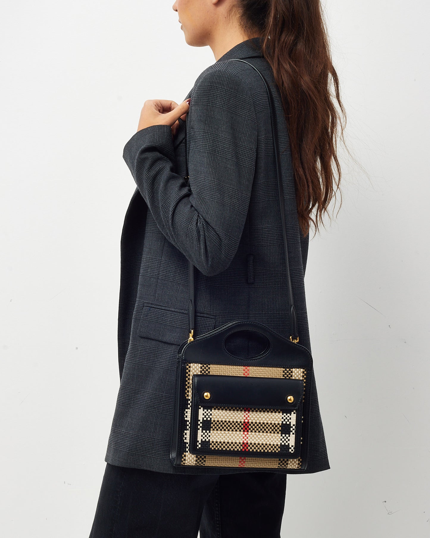 Burberry Black Leather and Beige House Check Woven Canvas Mini Pocket Crossbody Bag