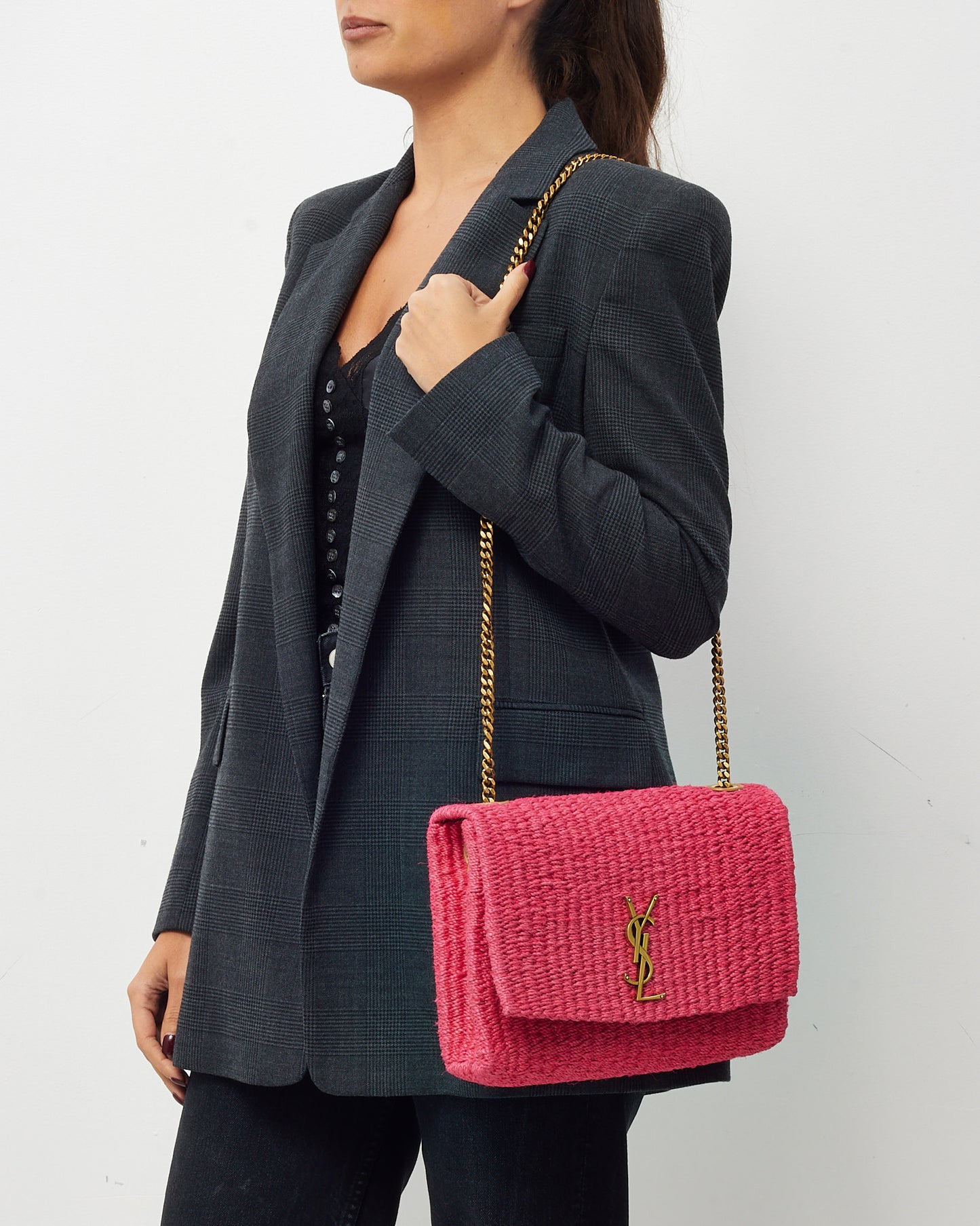 Saint Laurent Pink Raffia GHW YSL Kate Chain Shoulder Bag