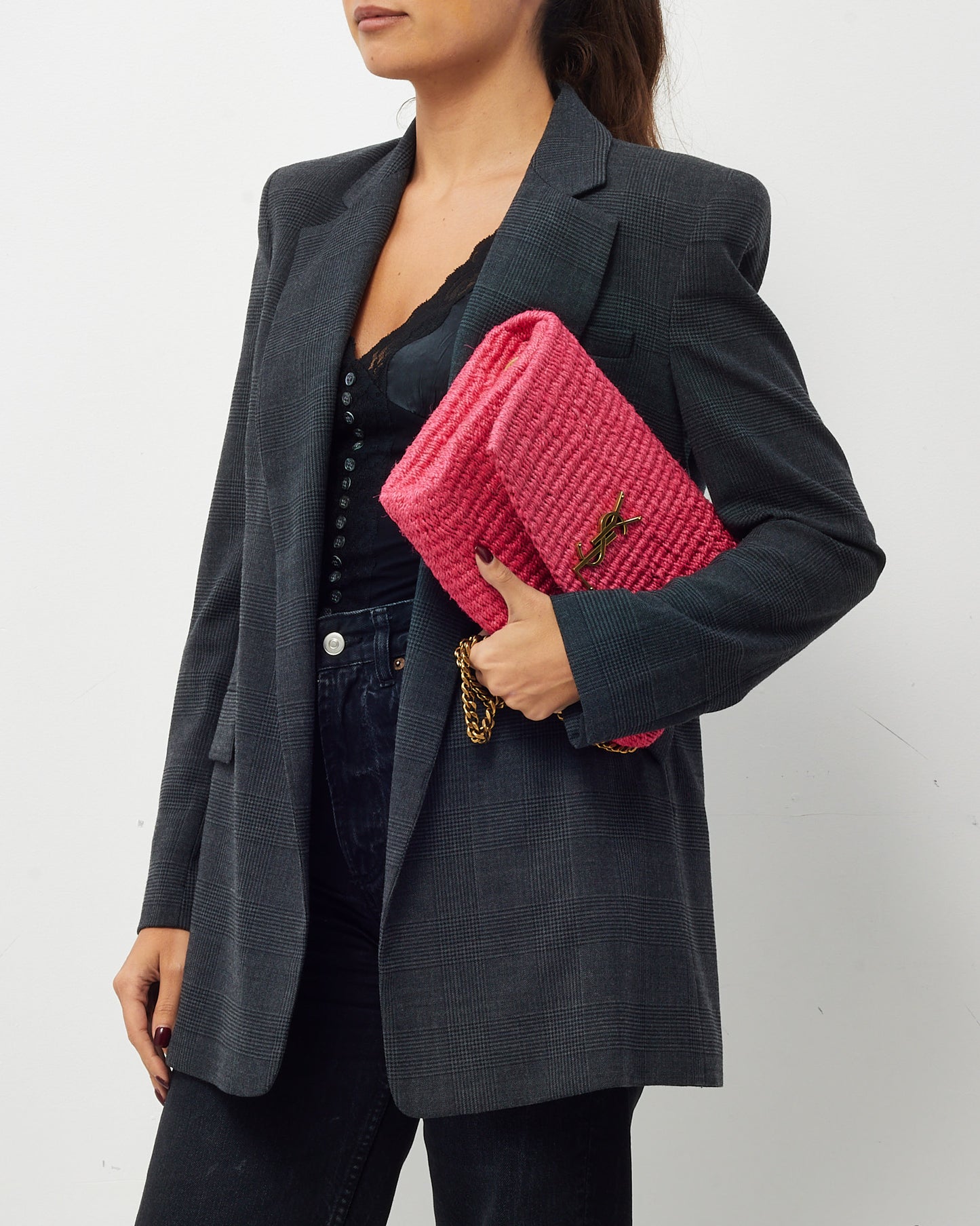 Saint Laurent Pink Raffia GHW YSL Kate Chain Shoulder Bag