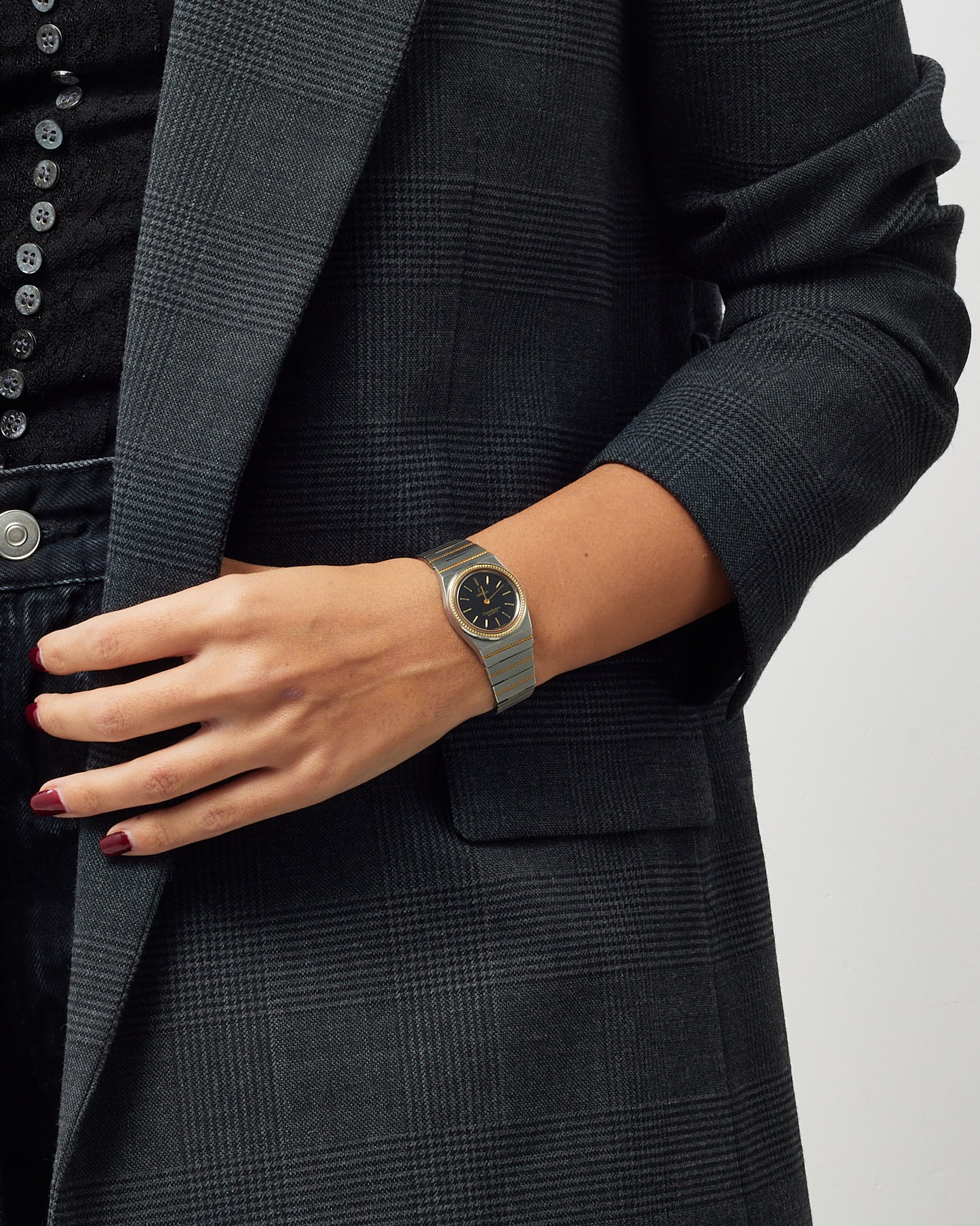 Omega Vintage Stainless Steel, Black Face, Gold Bezel Constellation 28mm Watch