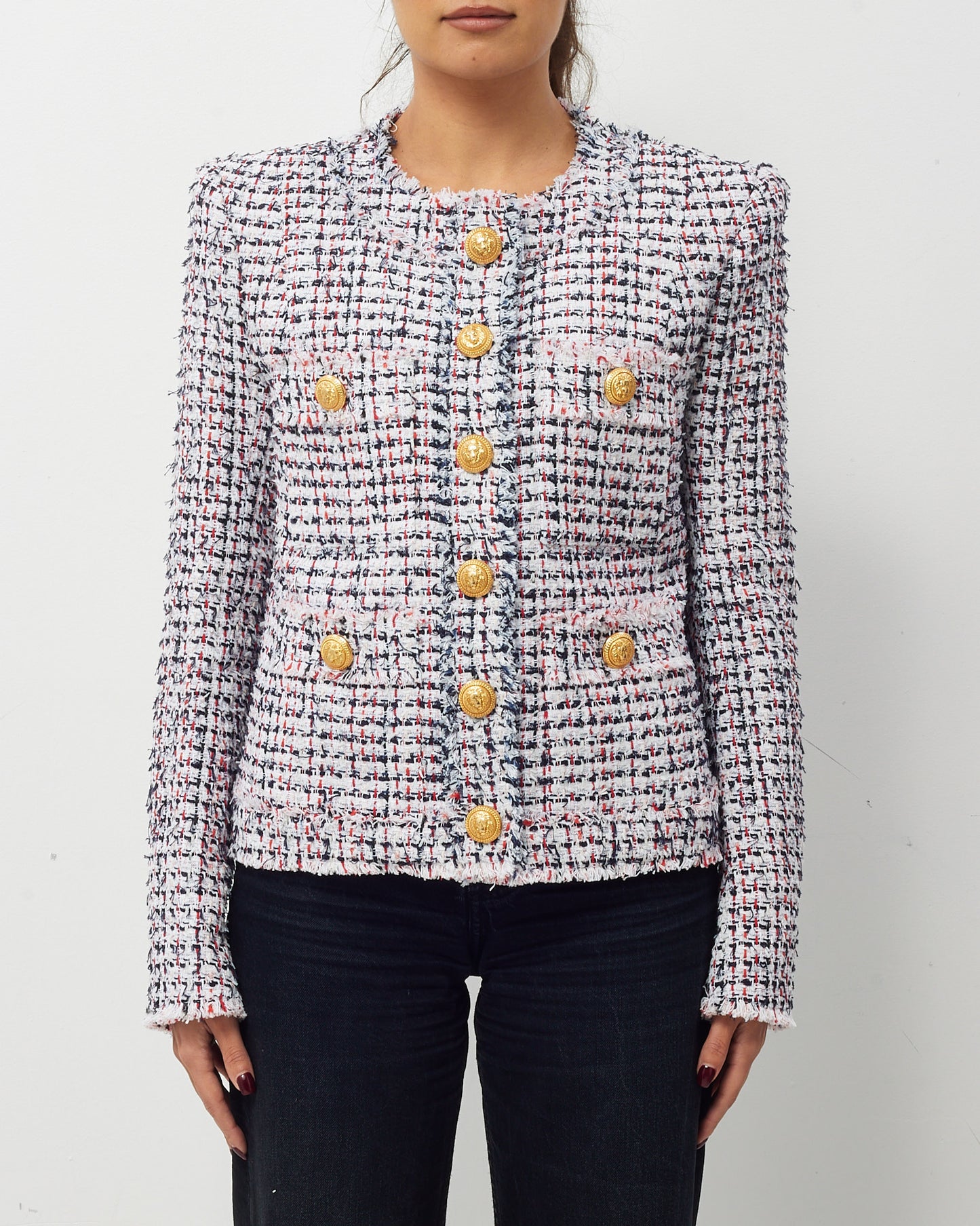 Balmain Red/White/Black Tweed Button Up Jacket - 38 FR/US 6