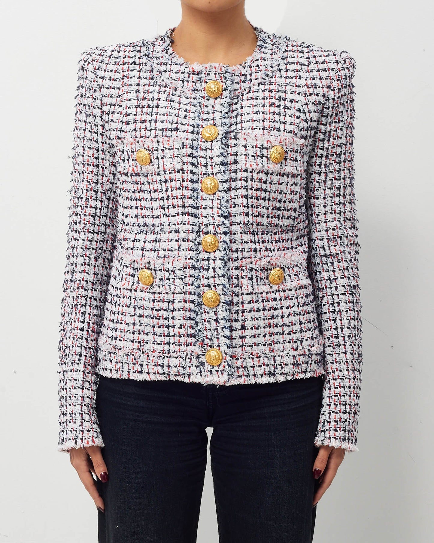 Balmain Red/White/Black Tweed Button Up Jacket - 38 FR/US 6