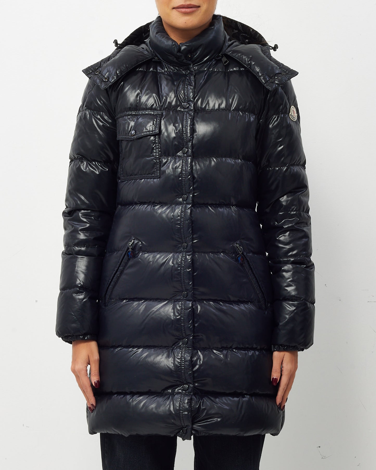 Moncler Black Shiny Down Button Up Mid-Length Puffer Jacket - 2/M