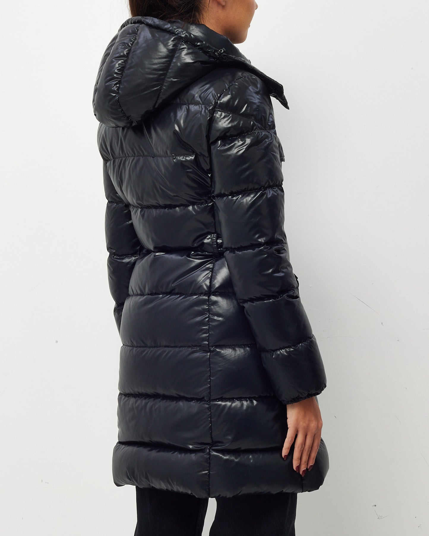 Moncler Black Shiny Down Button Up Mid-Length Puffer Jacket - 2/M