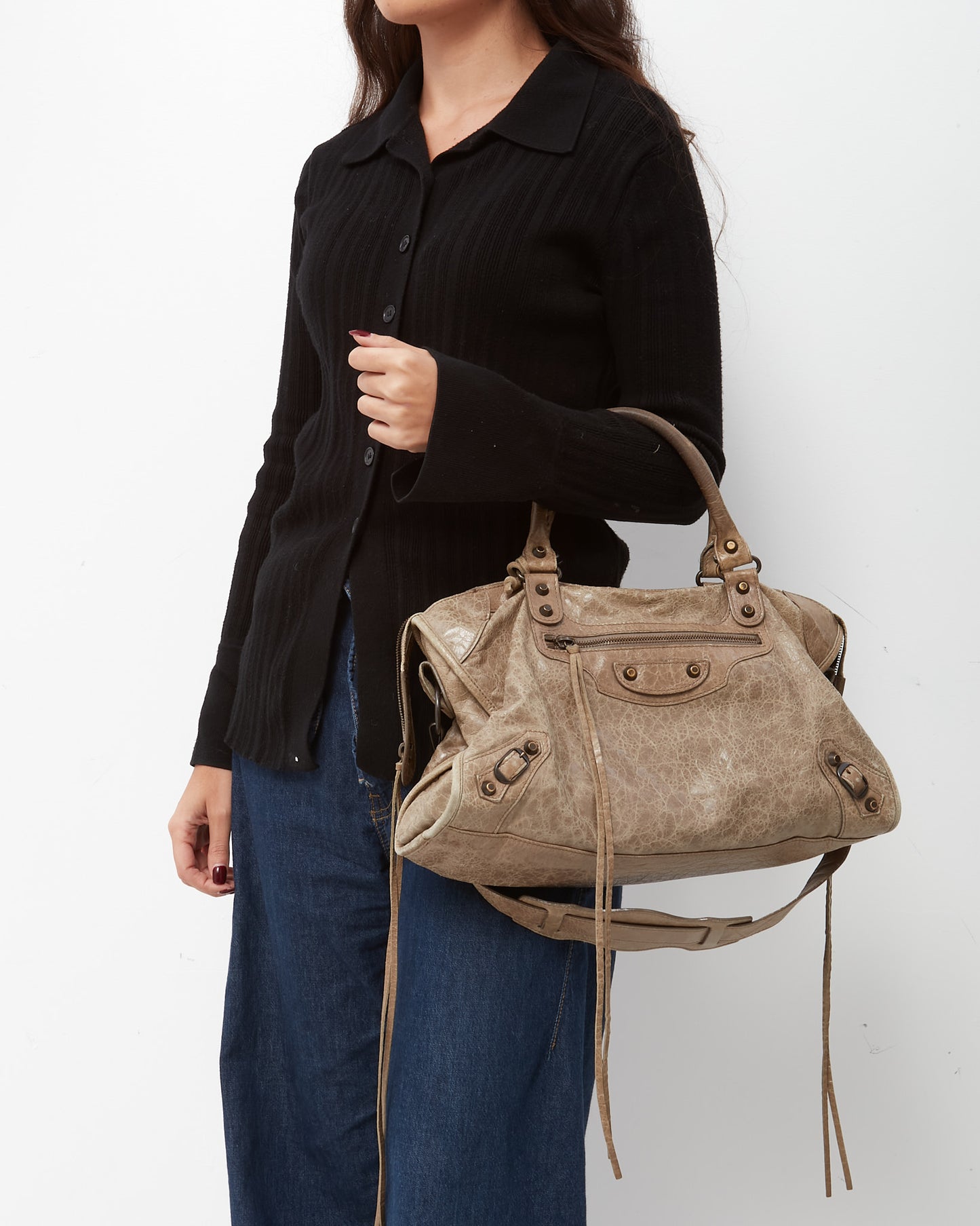 Balenciaga Beige Lambskin Leather Classic Hardware Motorcycle City Bag