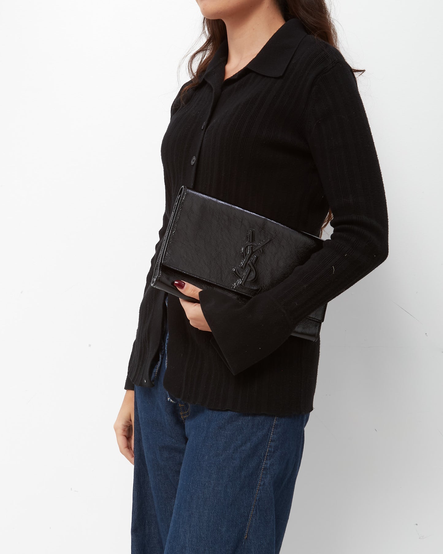 Saint Laurent Black Crinkled Patent Leather YSL Belle De Jour Clutch Bag