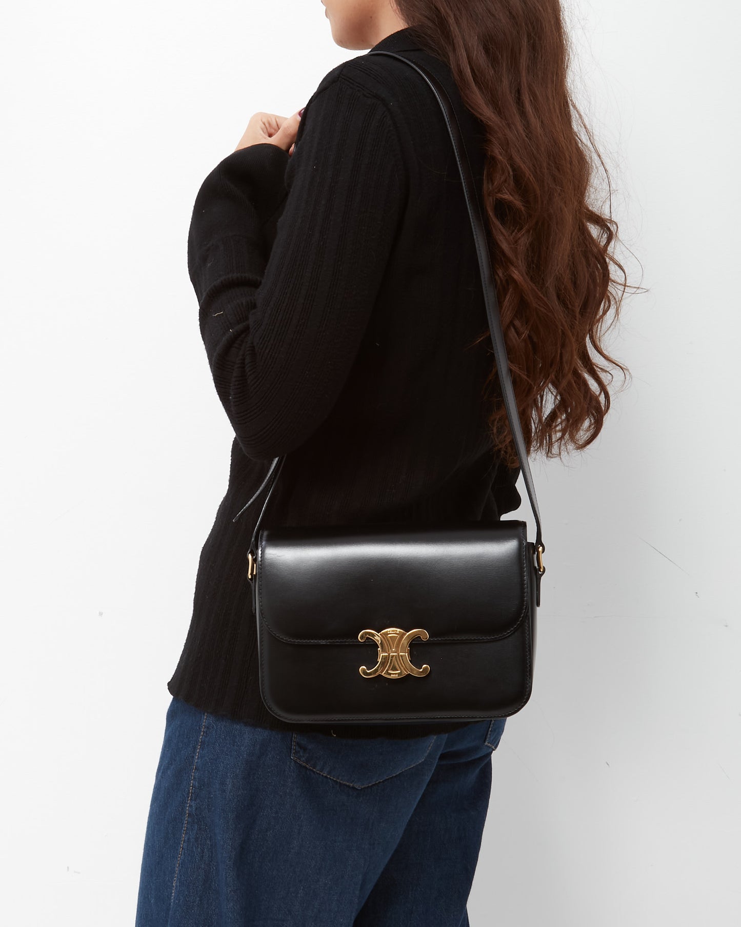 Celine Black Shiny Calfskin Leather Medium Classique Triomphe Bag GHW