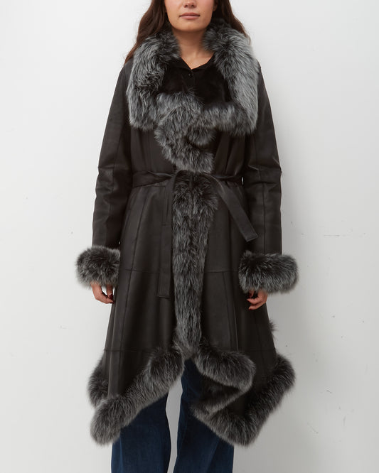 Pre-Owned Holt Renfrew Black Leather and Shearling Fox Fur Trim Wrap Coat - M