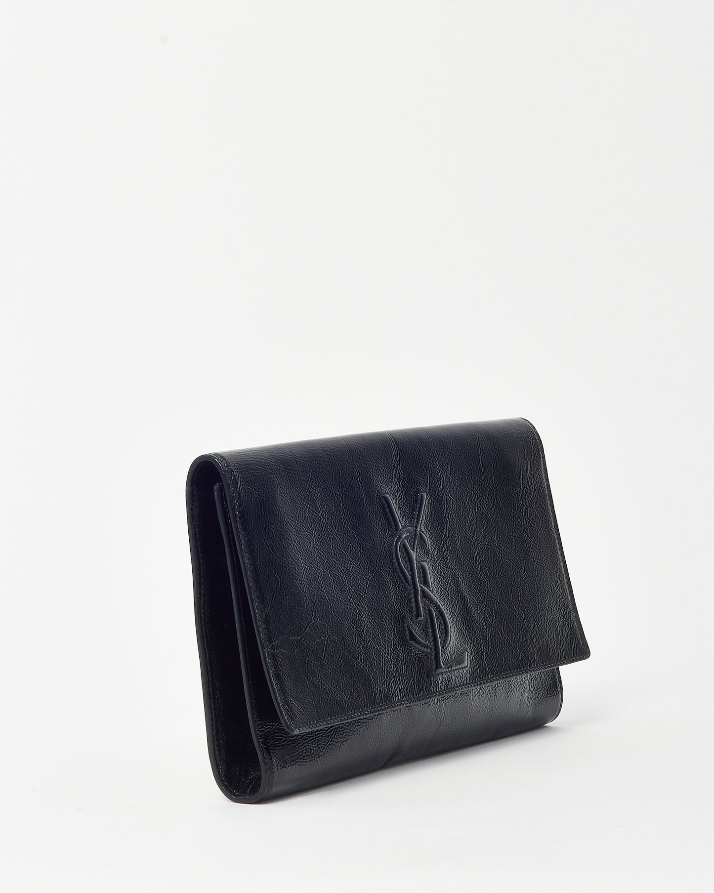Saint Laurent Black Crinkled Patent Leather YSL Belle De Jour Clutch Bag