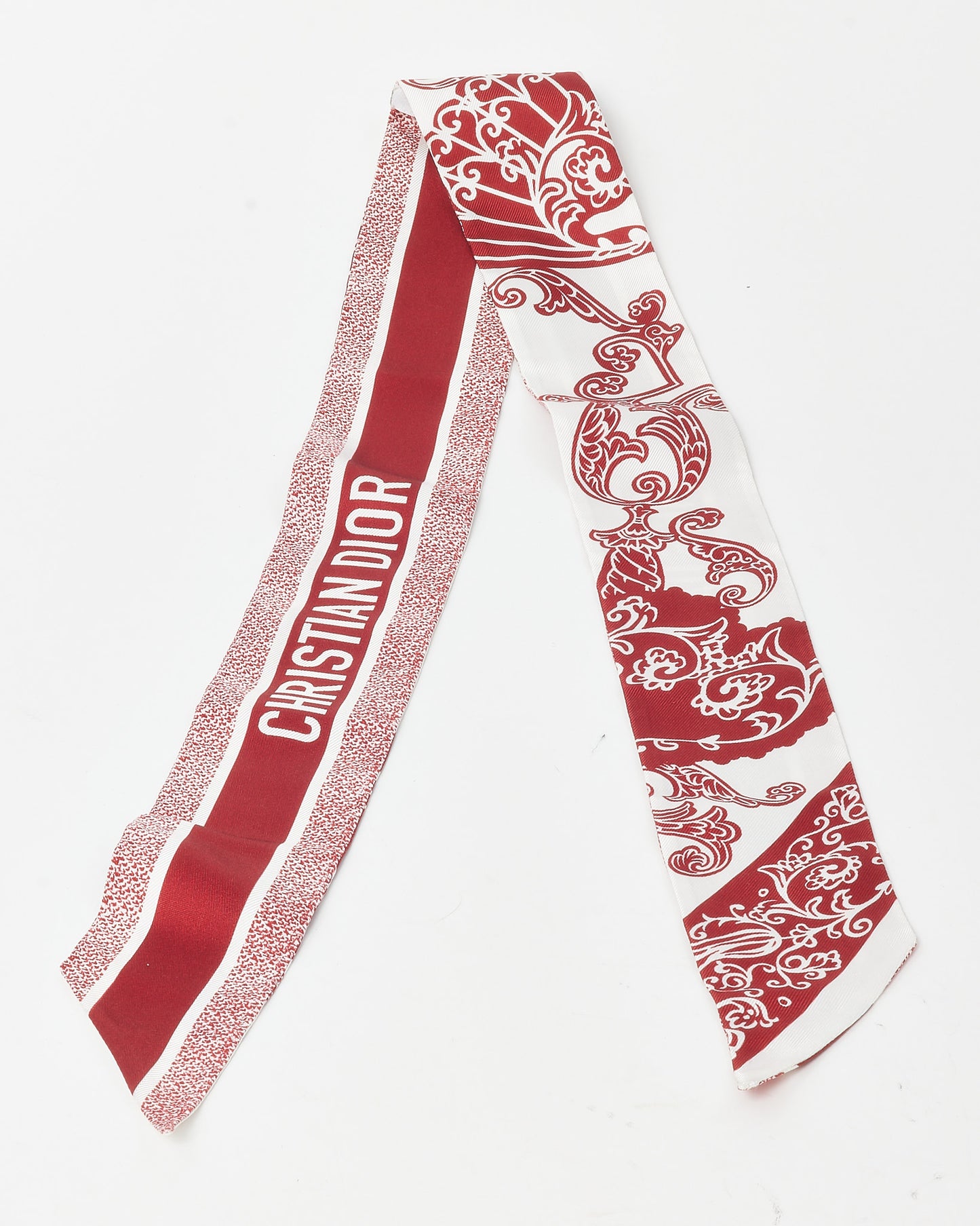 Dior Red and White Silk Logo and Paisley Mitzah Twilly Scarf