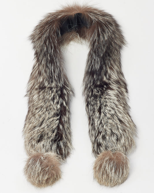 Pre-Owned Brown and Silver Grey Blend Fox Fur Fur Pom-Pom Trimmed Scarf