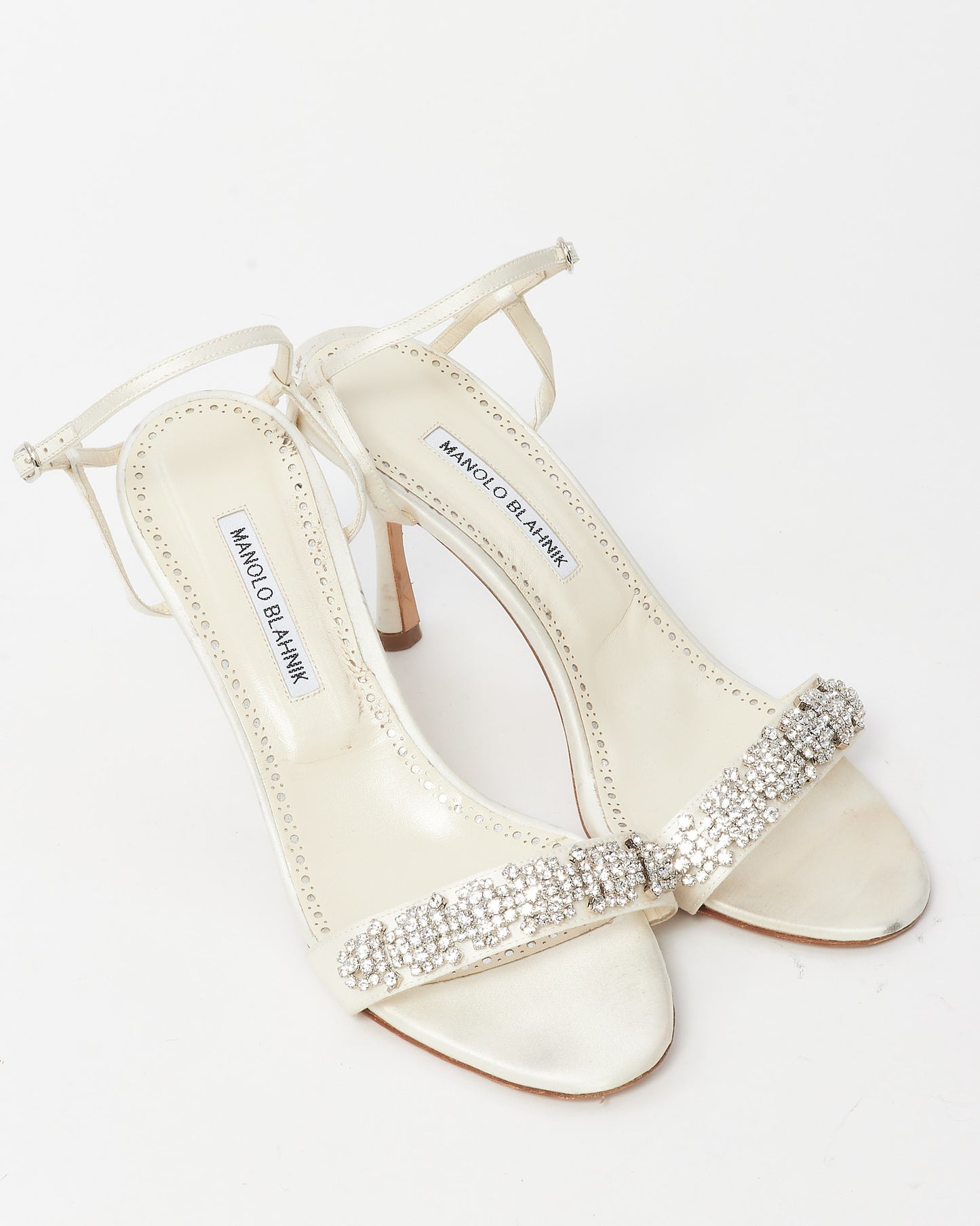 Manolo Blahnik White Satin Drinanu Embellished Sandals - 40.5