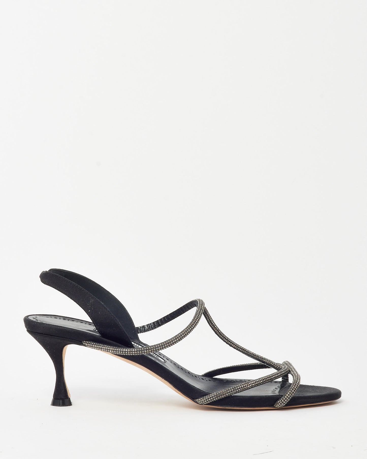 Manolo Blahnik Black Satin Rhinestone Embellished Lucecry 50 Slingback Sandals - 40