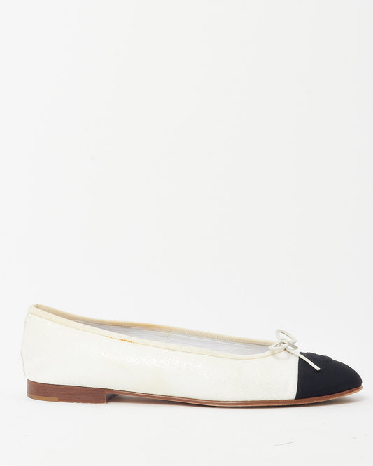 Chanel White Shimmery Fabric and Black Canvas CC Logo Cap-Toe Ballerina Flats - 41
