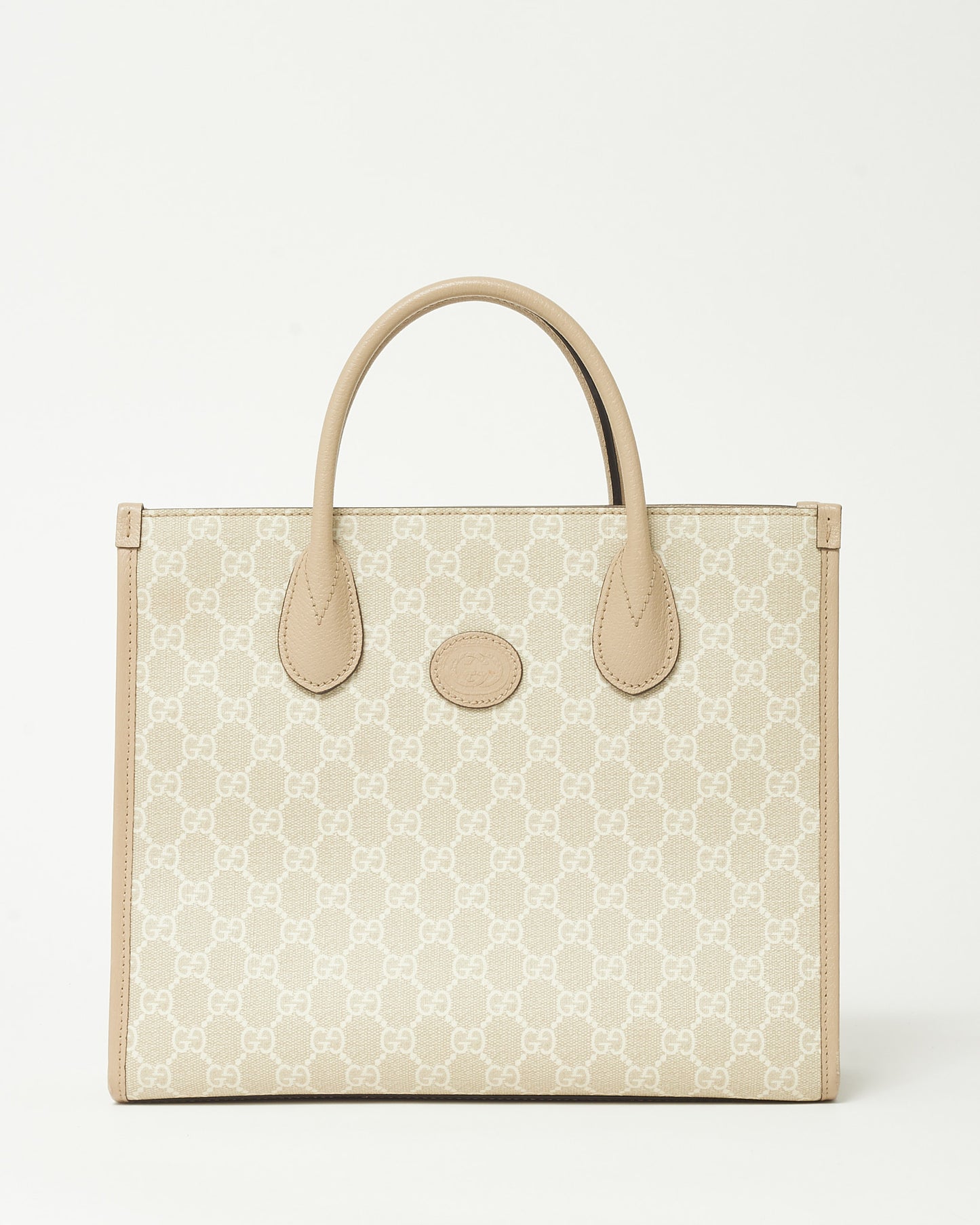 Gucci Beige & White GG Monogram Supreme Coated Canvas Small Retro Interlocking G Tote Bag with Strap