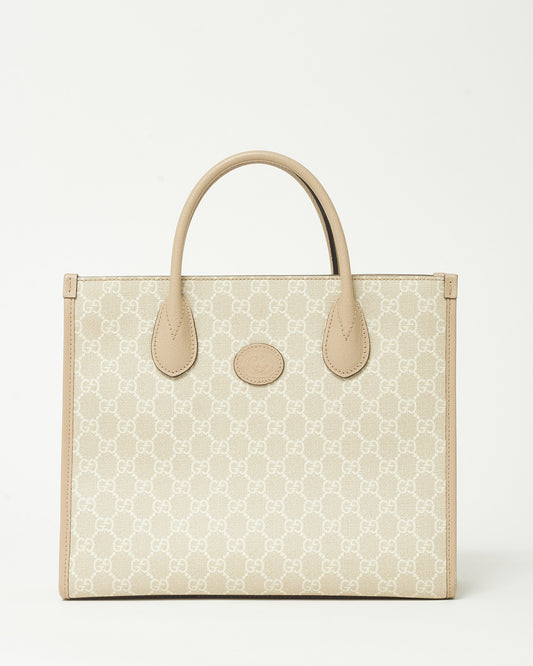 Gucci Beige & White GG Monogram Supreme Coated Canvas Small Retro Interlocking G Tote Bag with Strap