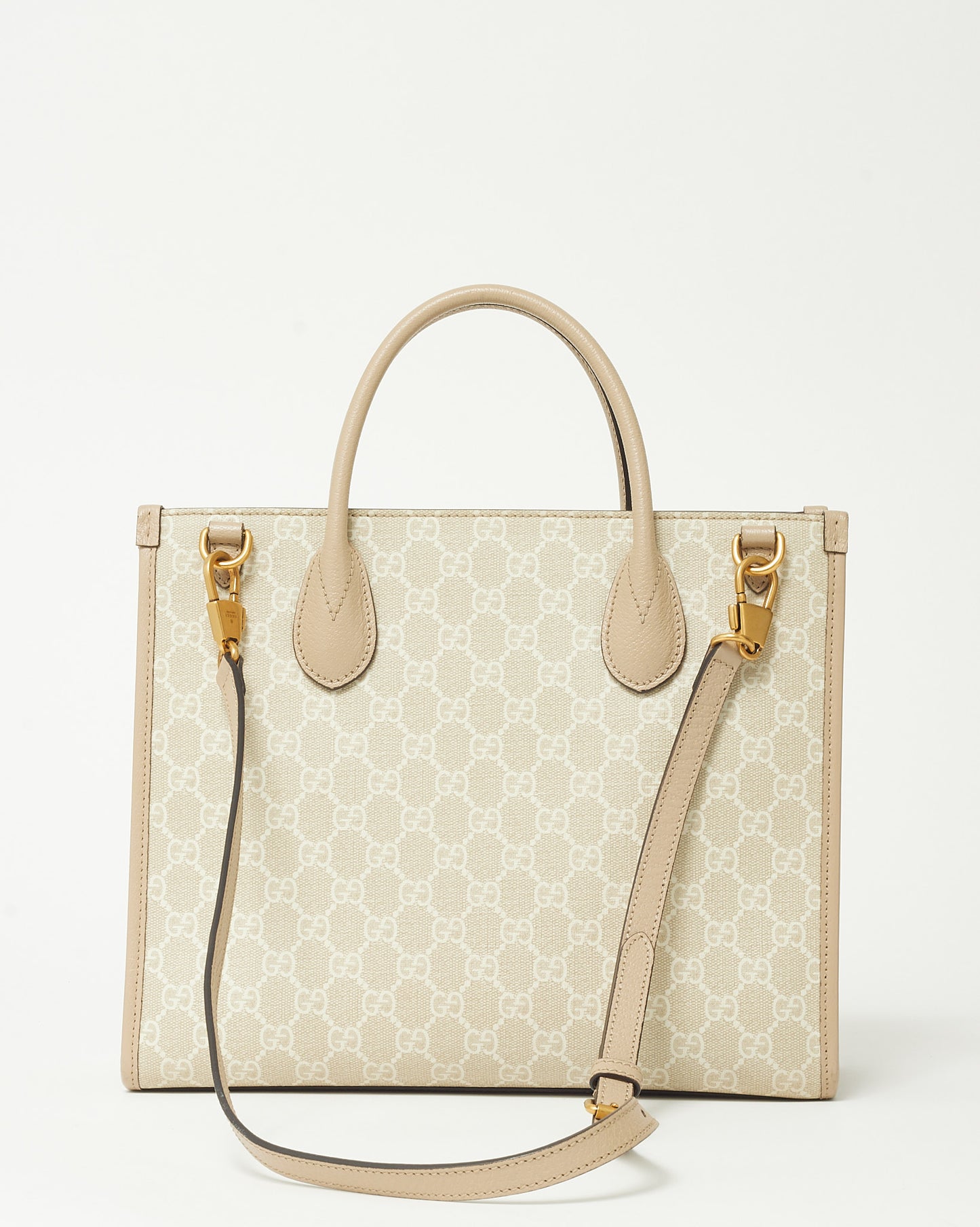 Gucci Beige & White GG Monogram Supreme Coated Canvas Small Retro Interlocking G Tote Bag with Strap