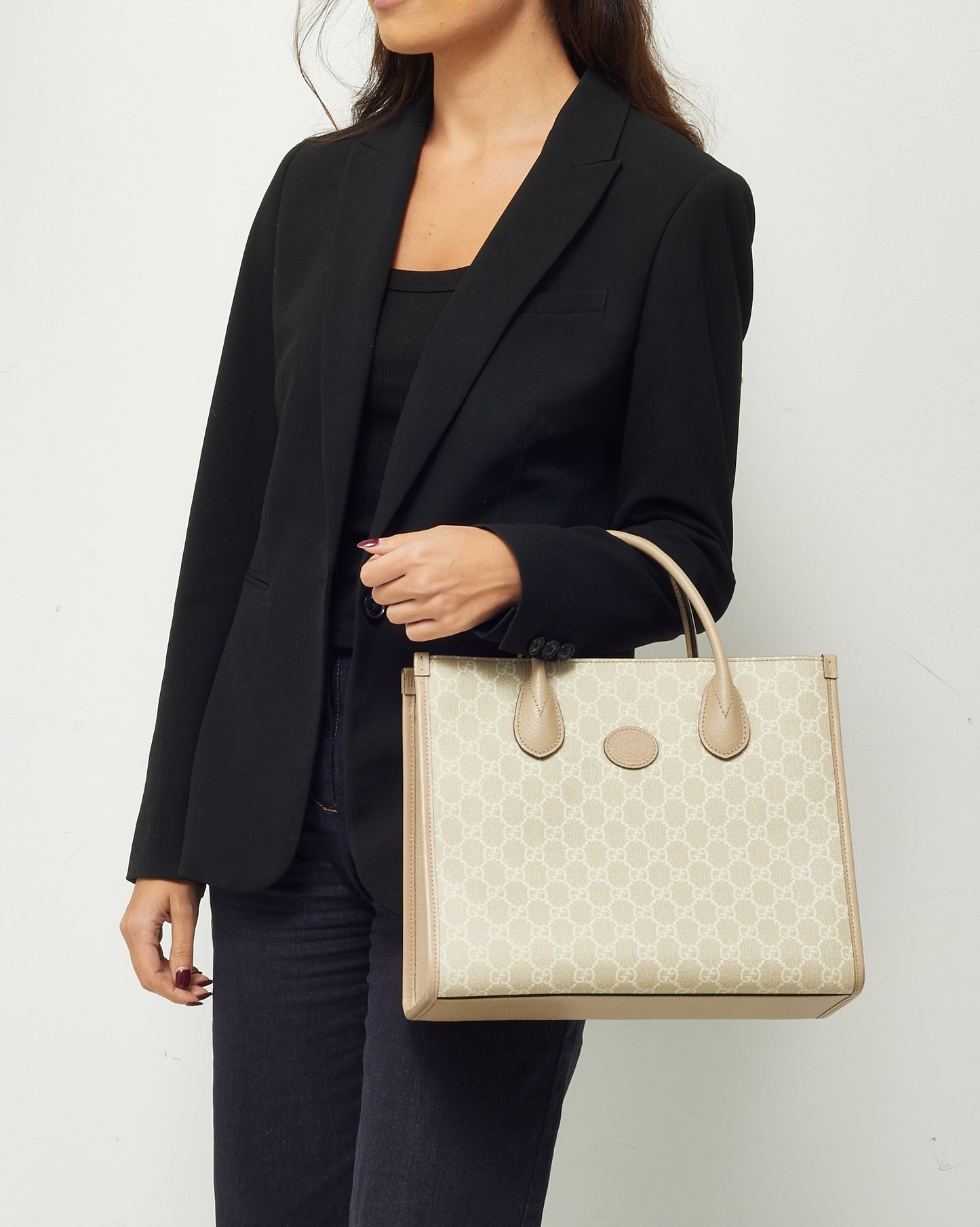 Gucci Beige & White GG Monogram Supreme Coated Canvas Small Retro Interlocking G Tote Bag with Strap