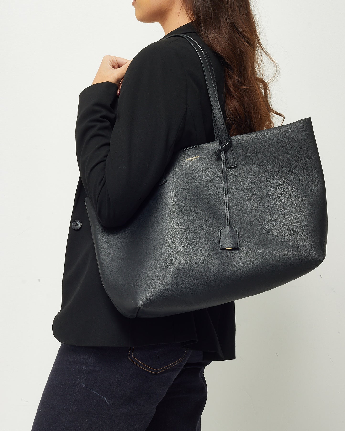 Saint Laurent Black Calfskin Leather E/W Shopping Tote