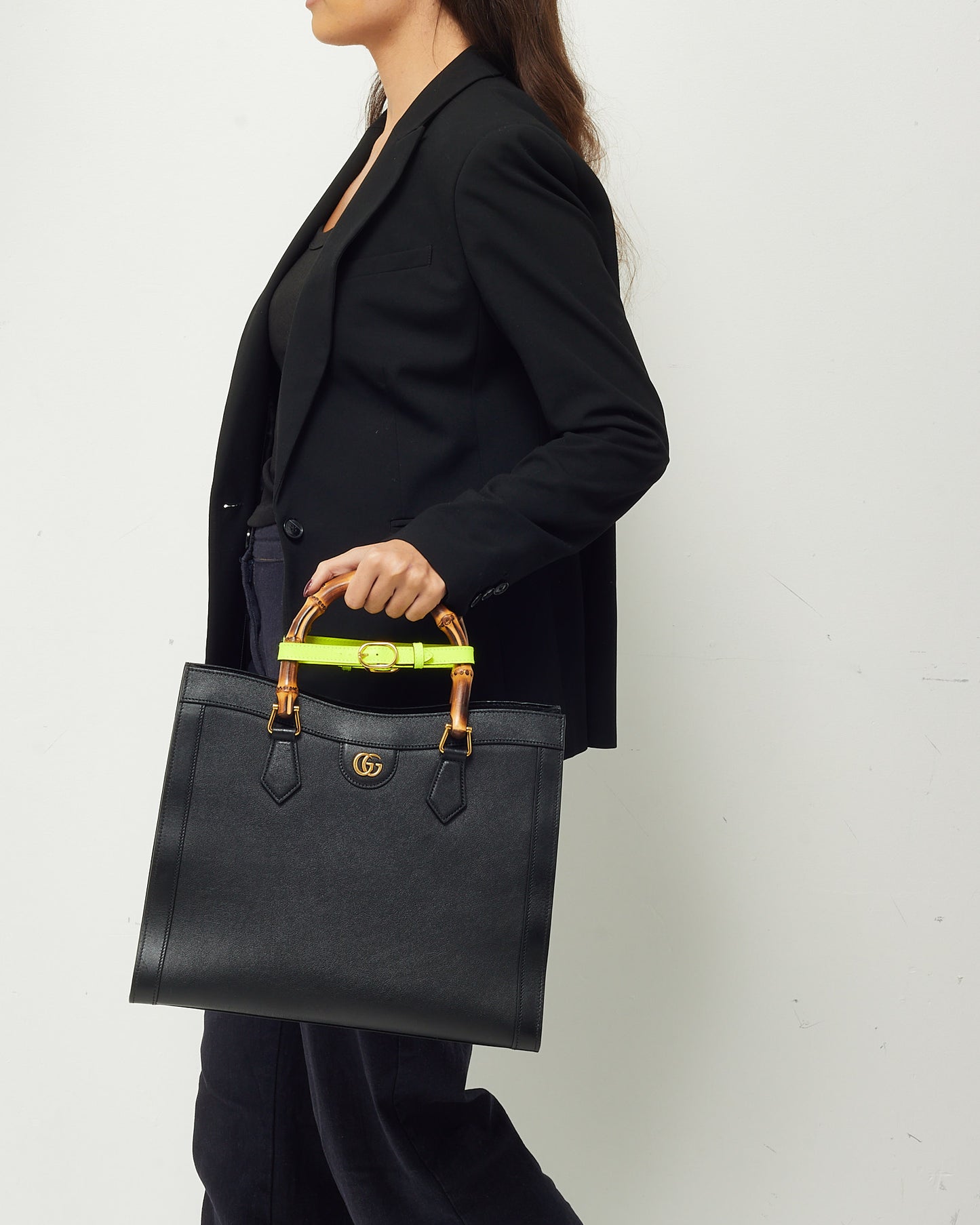 Gucci Black Leather Medium Diana Bamboo Handle Tote Bag with Strap