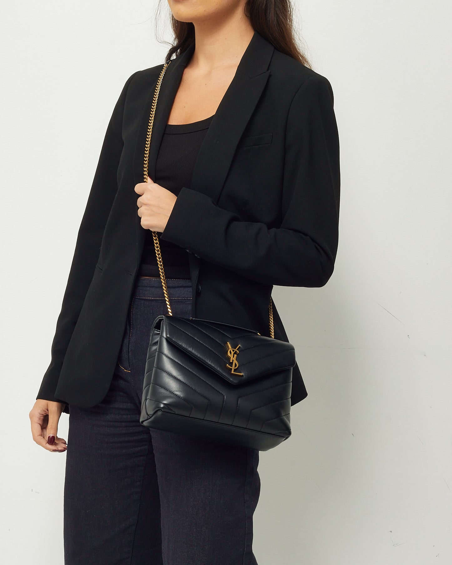 Saint Laurent Black Chevron Leather Small YSL Monogram Loulou Shoulder Bag GHW